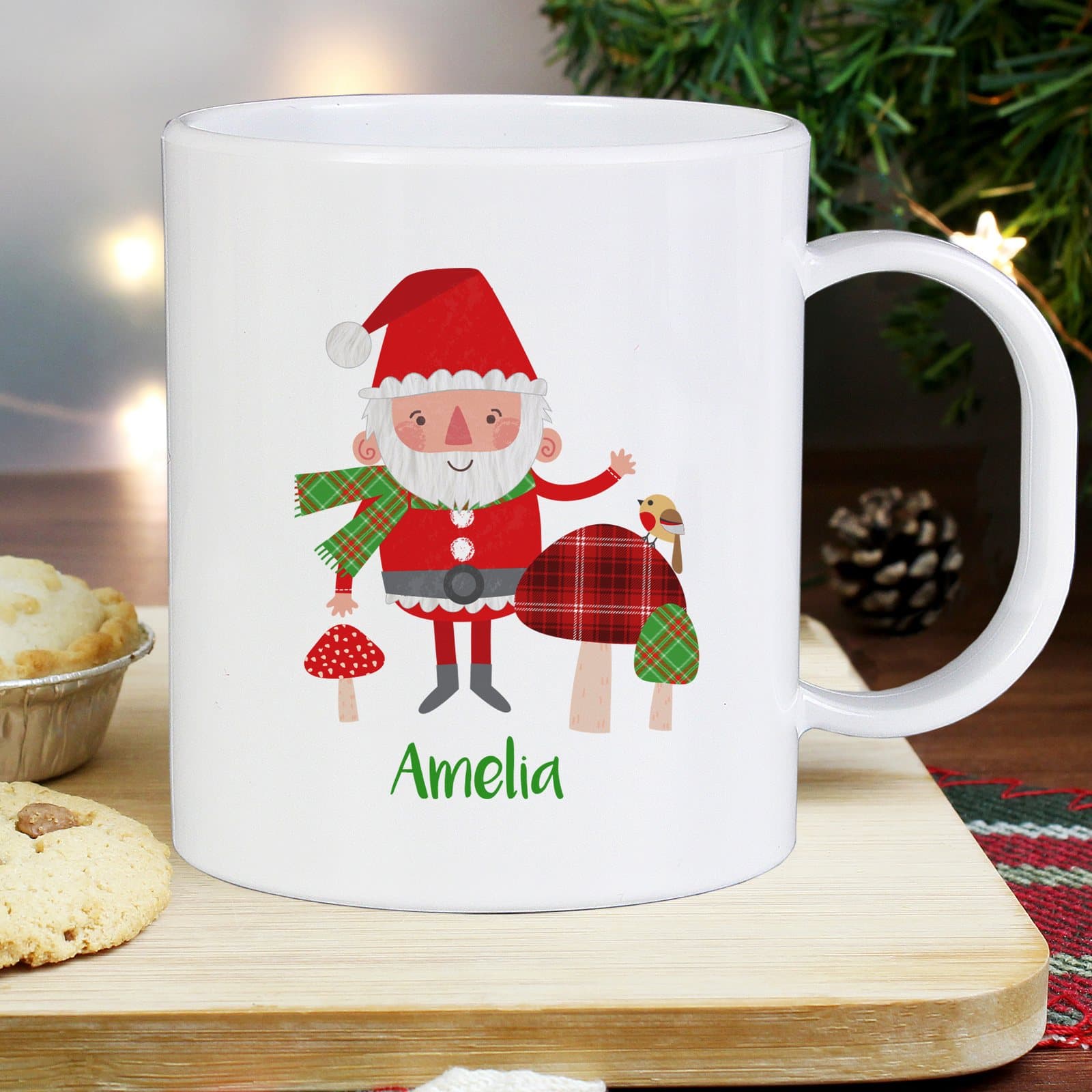 Personalised toadstool Santa plastic Christmas mug