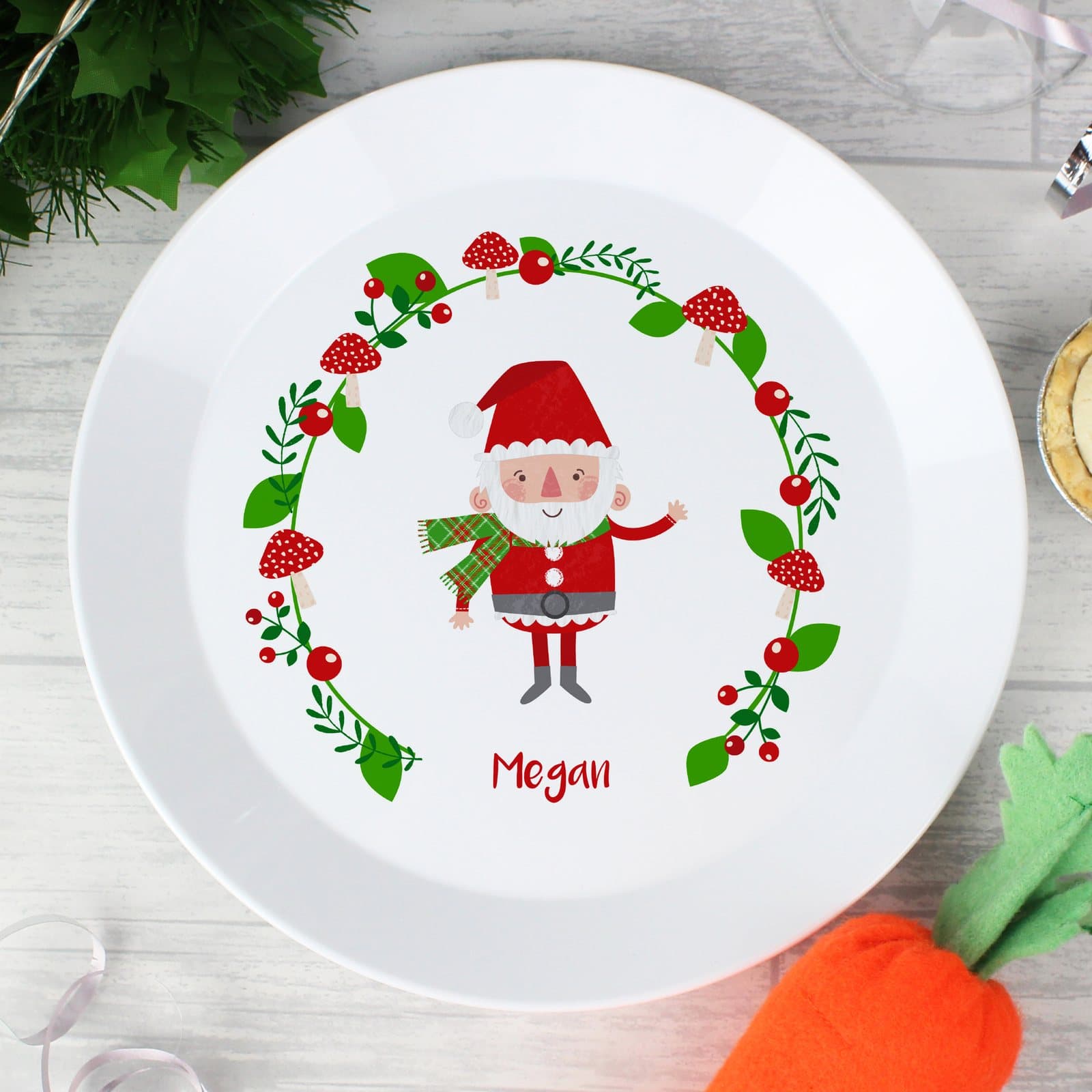 Personalised Toadstool Santa plastic plate with a name on the front