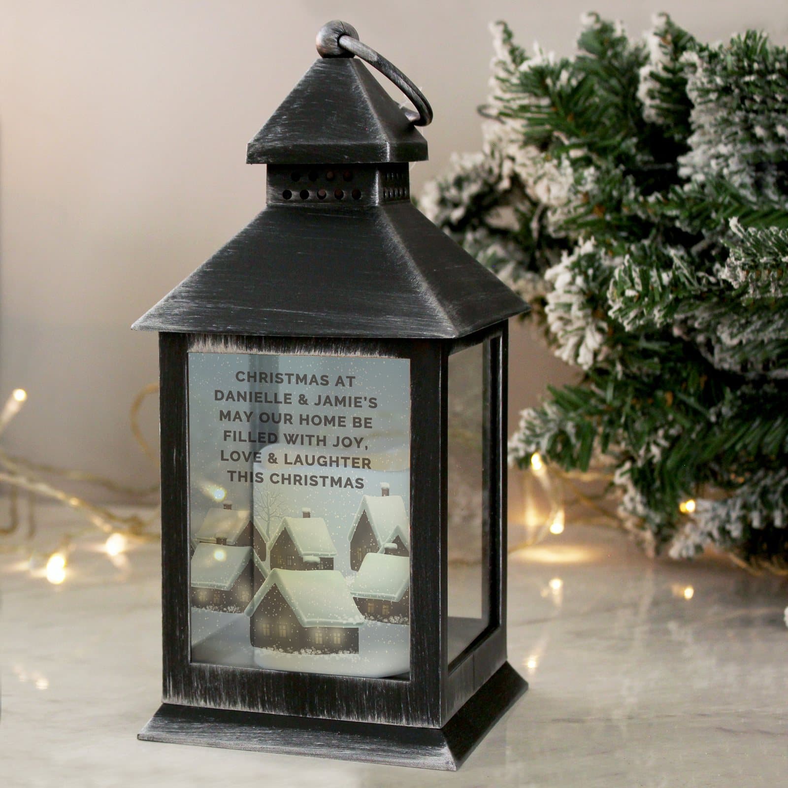 Black Christmas town light-up lantern with a hoop and a personalised message
