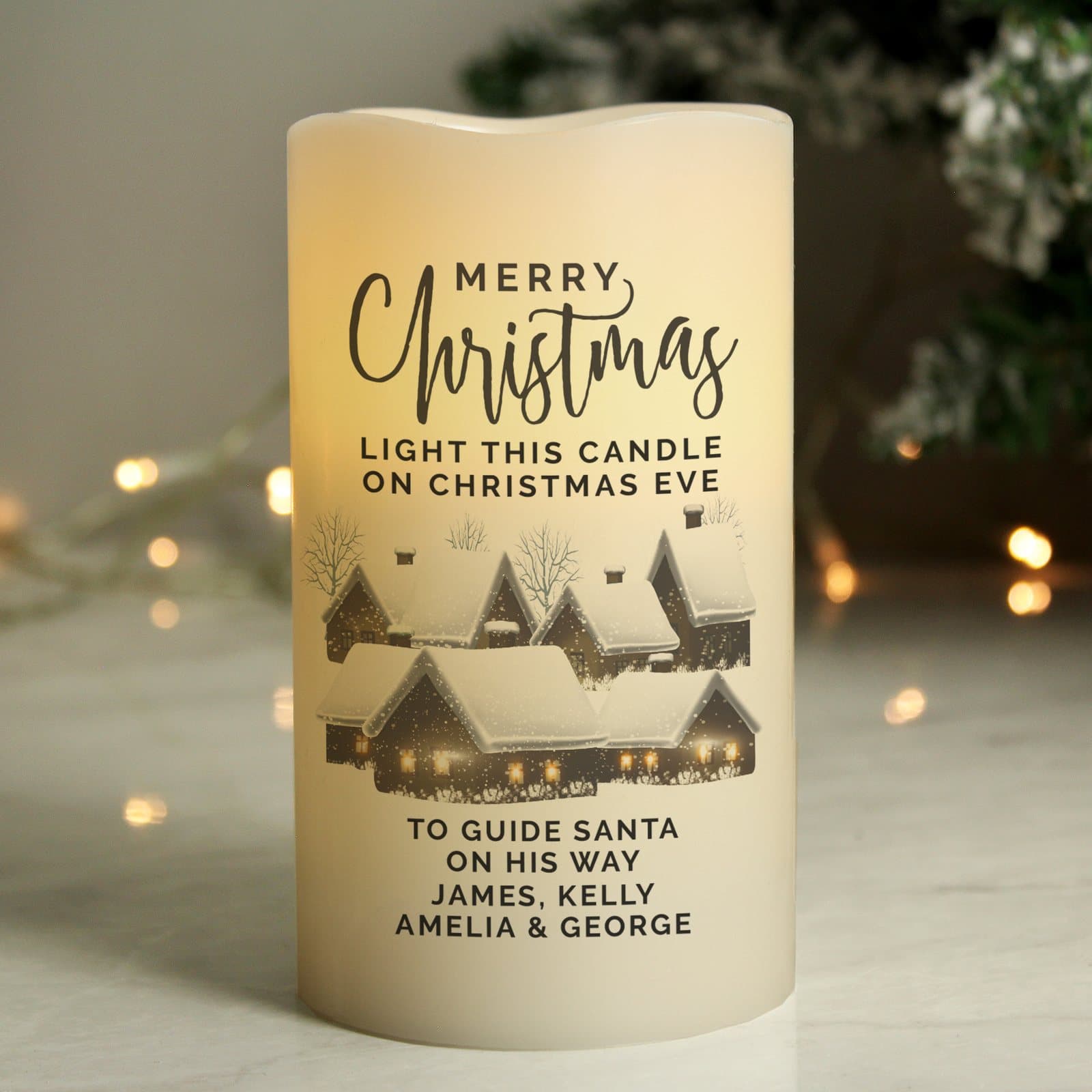Personalised Christmas town LED candle with houses and lines of text