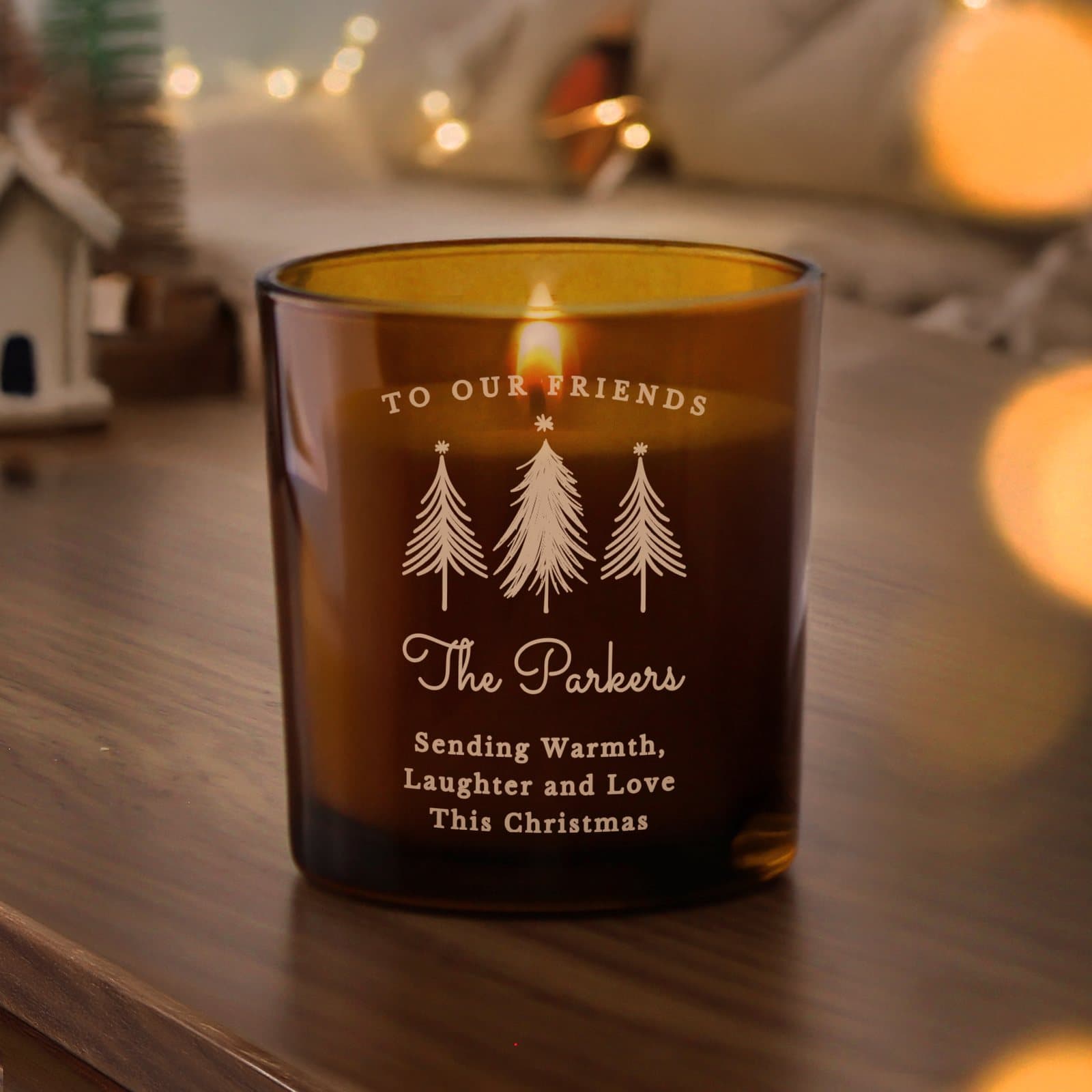 Amber glass candle jar with personalised text