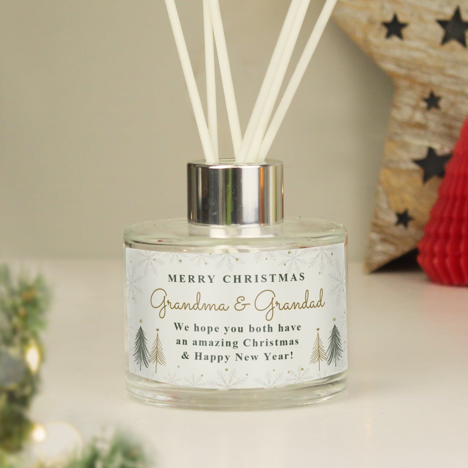 Glass Christmas tree reed diffuser with personalised text