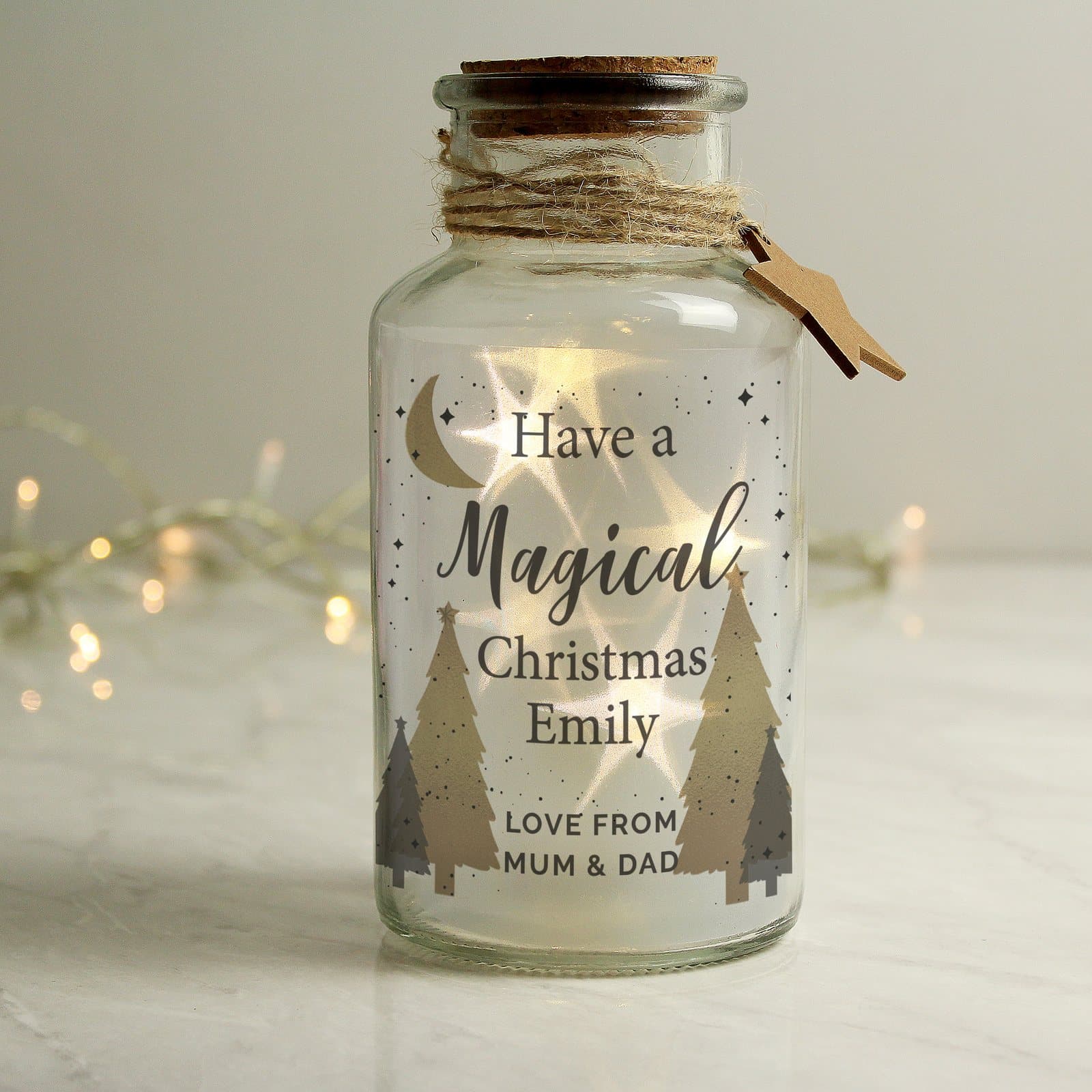 Glass LED jar with Christmas tree design and personalised text