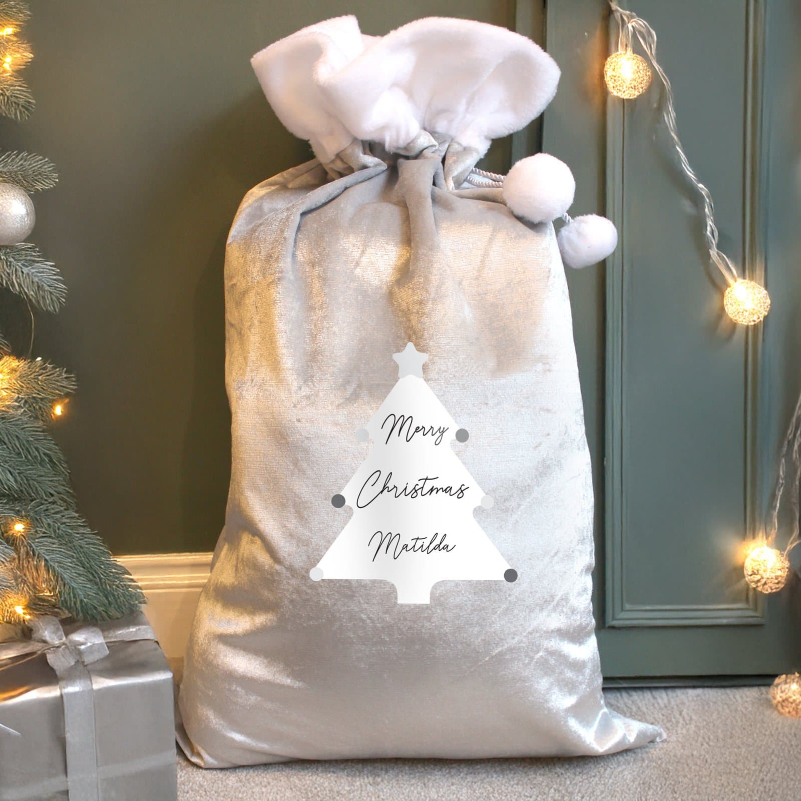 Grey fleece personalised Christmas sack with pom pom design