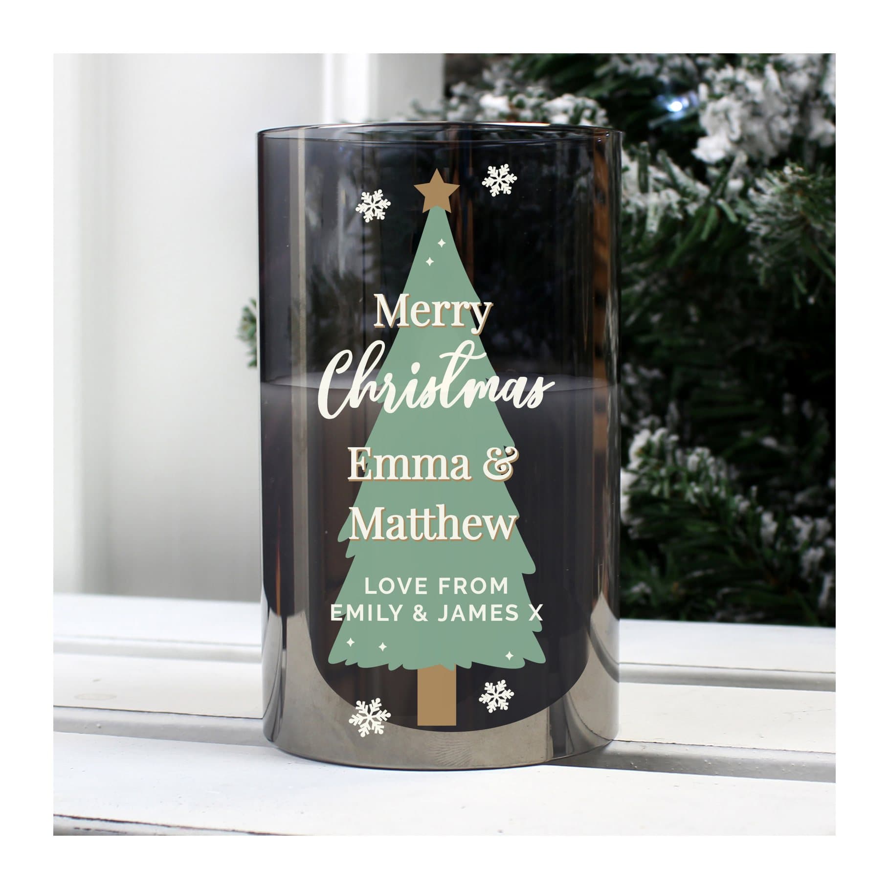 Smoked glass LED candle with personalised text