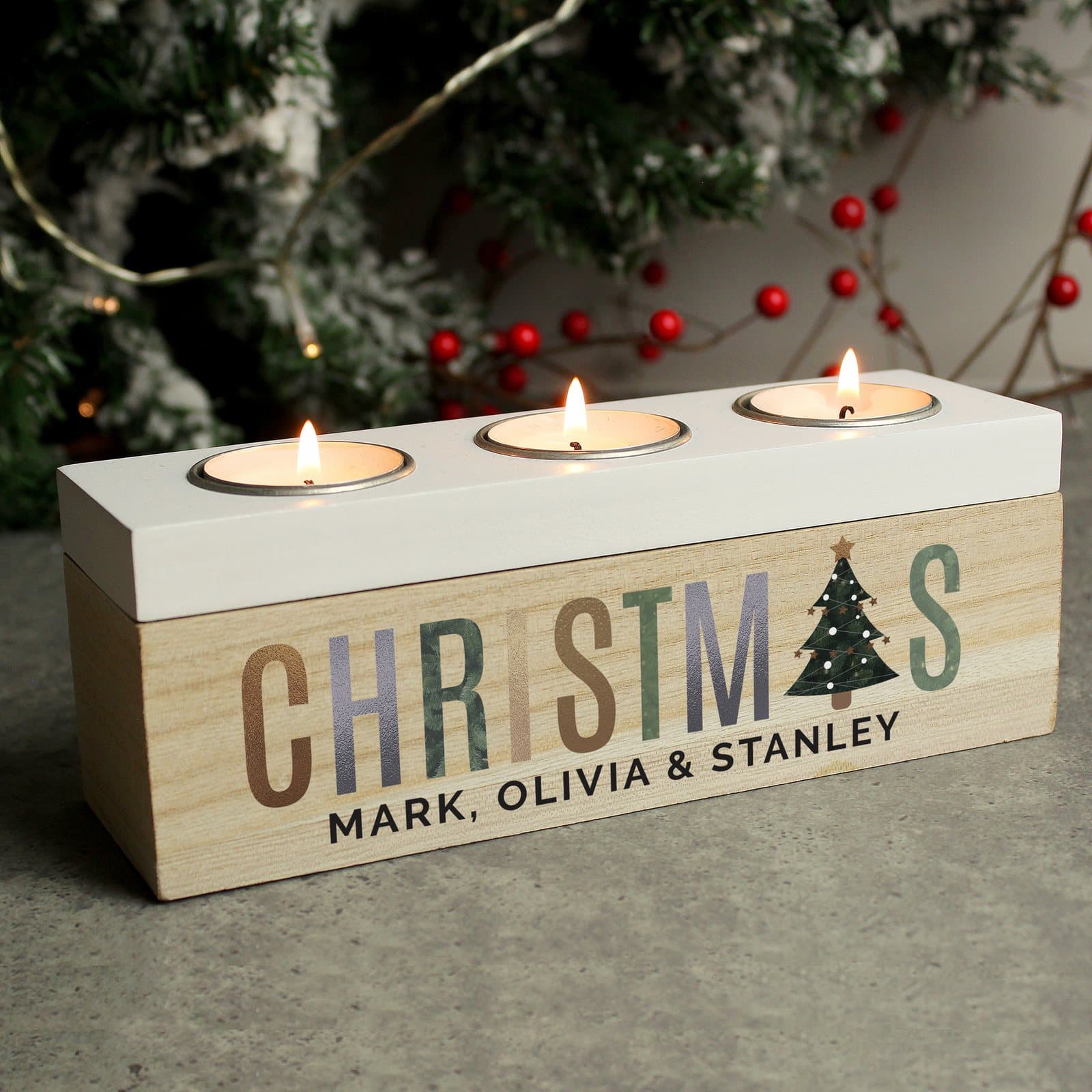 Wooden shabby chic tea light box with a Christmas tree design and a personalised line