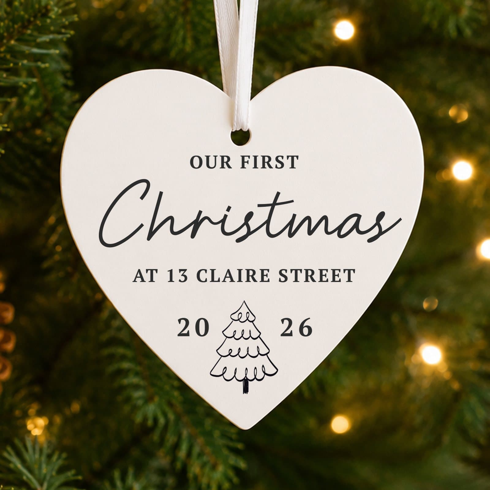Wooden heart Christmas decoration with ribbon and personalised text and year