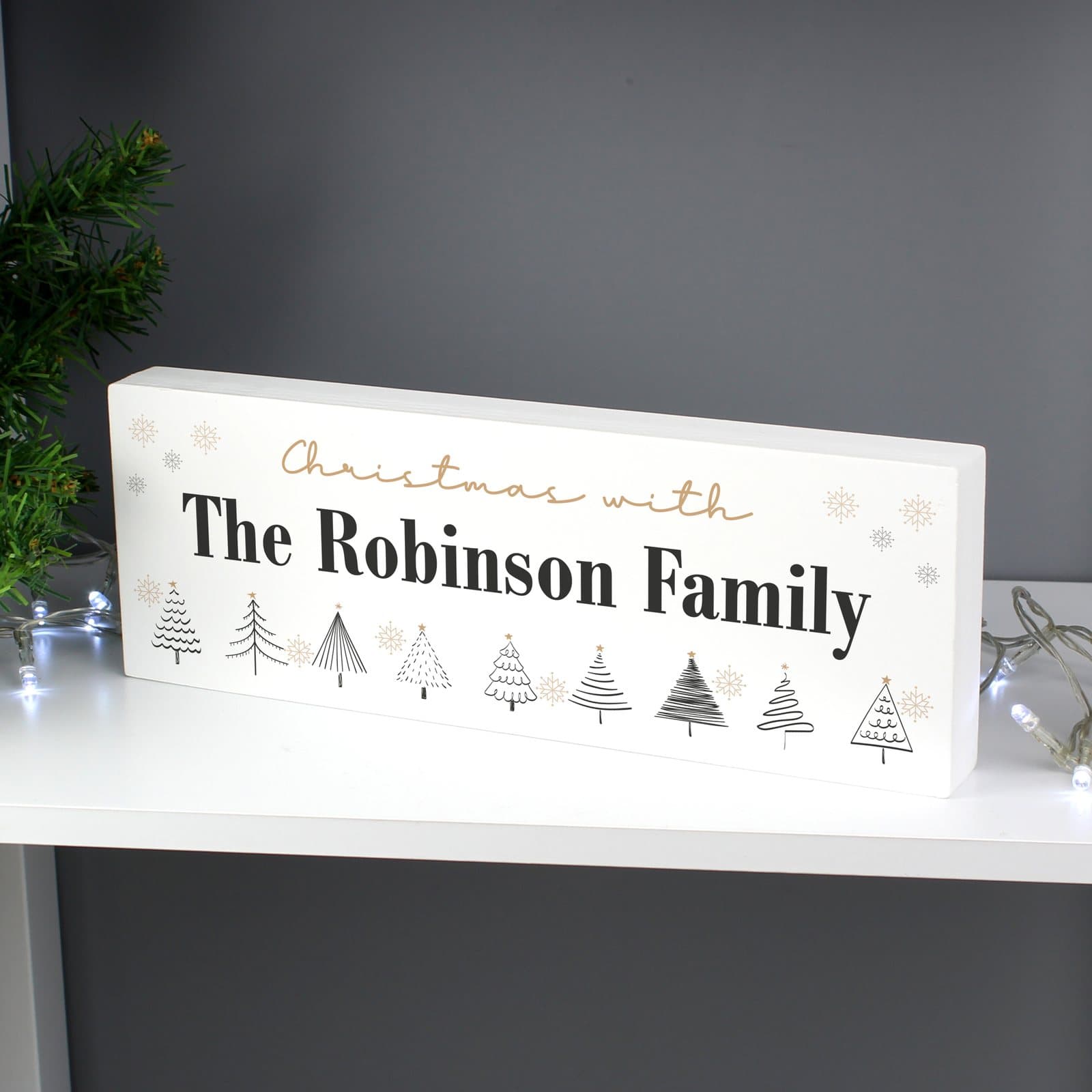 Wood Christmas tree block sign with two lines of text
