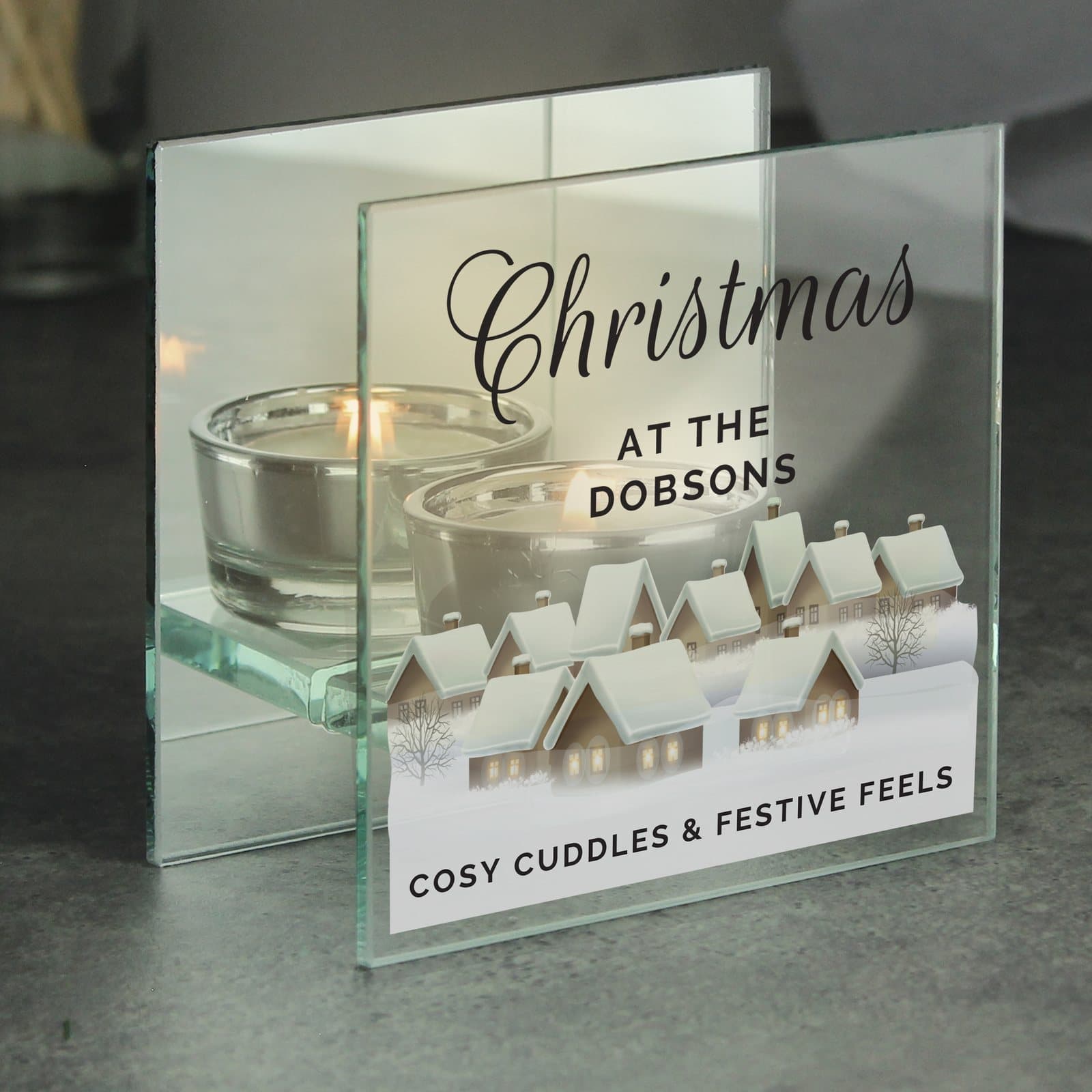 Mirrored glass Christmas village tea light holder with personalised text