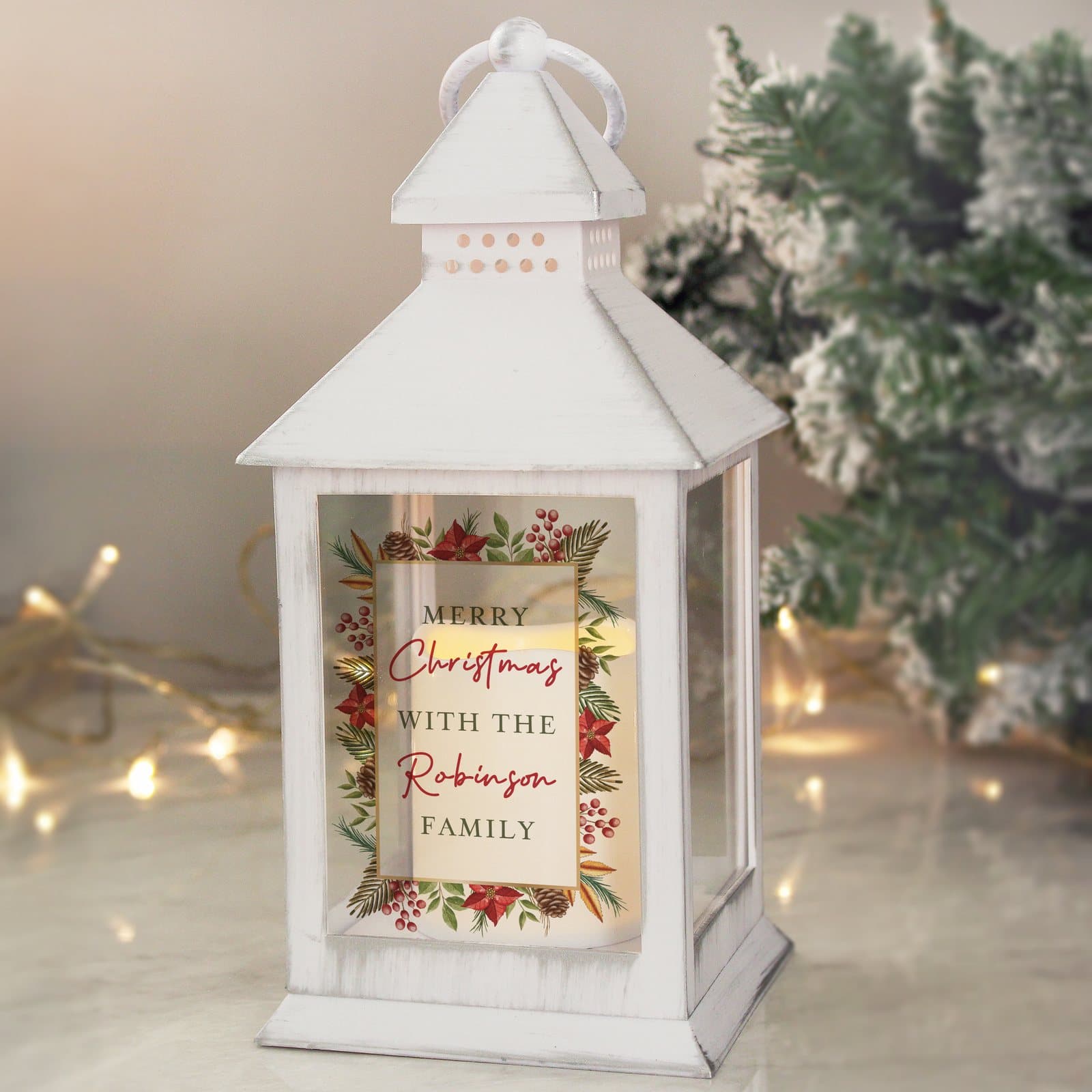 White Christmas LED lantern with five lines of personalised text and a hoop