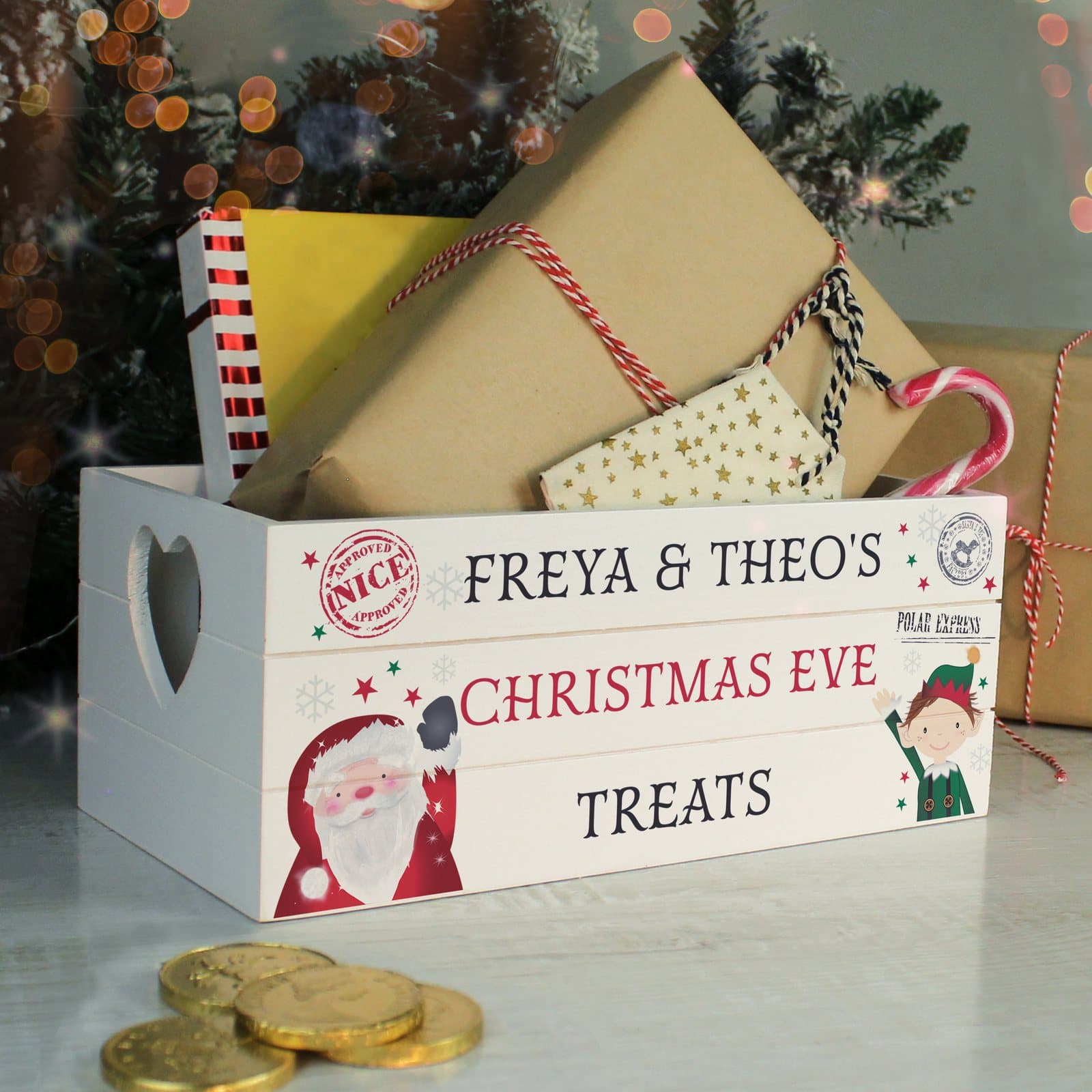 White wooden Christmas crate with heart shaped handles