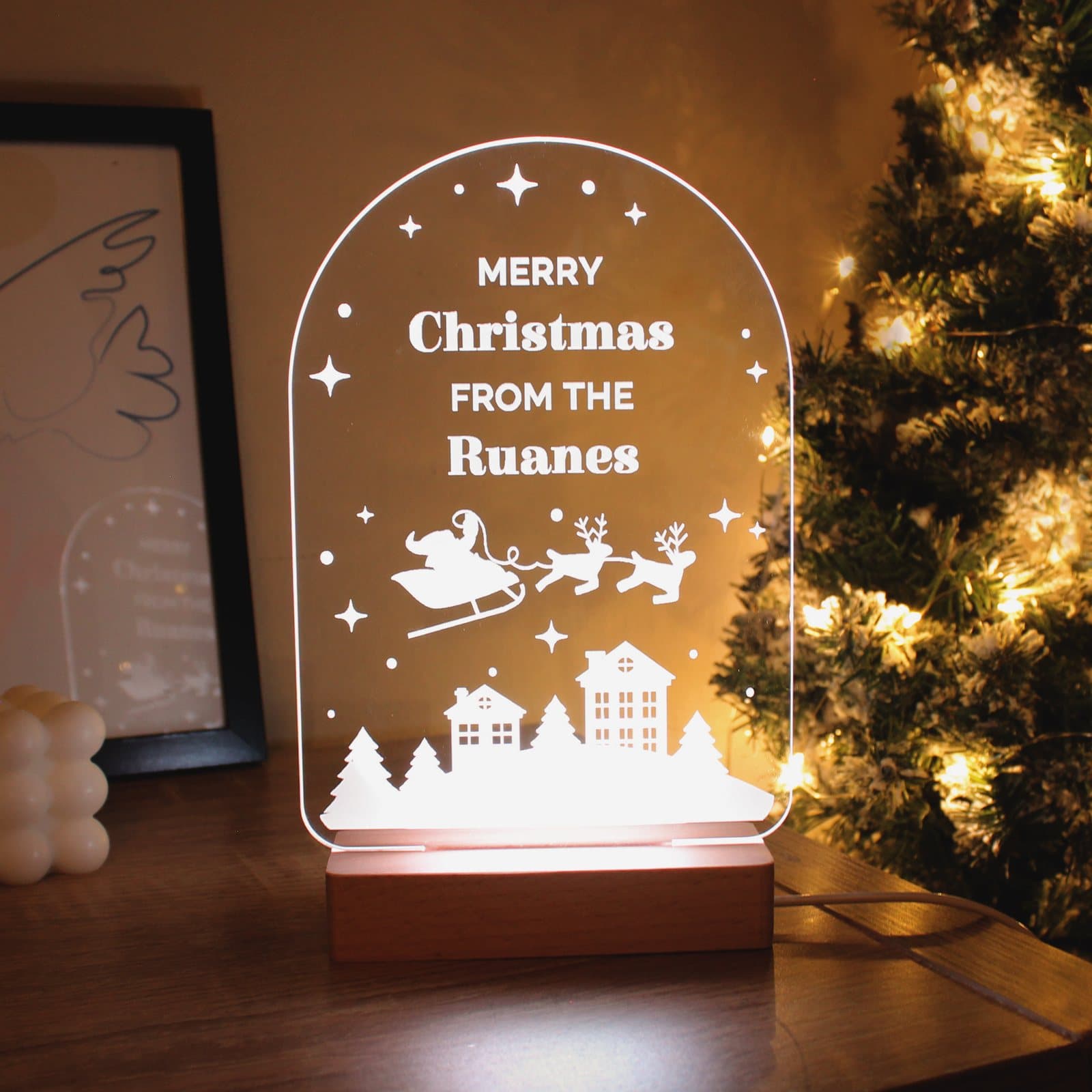 Personalised LED light sign on a wooden base