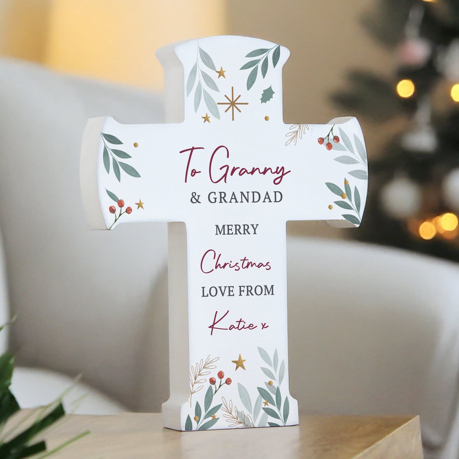 Wooden cross Christmas ornament with personalised lines of text