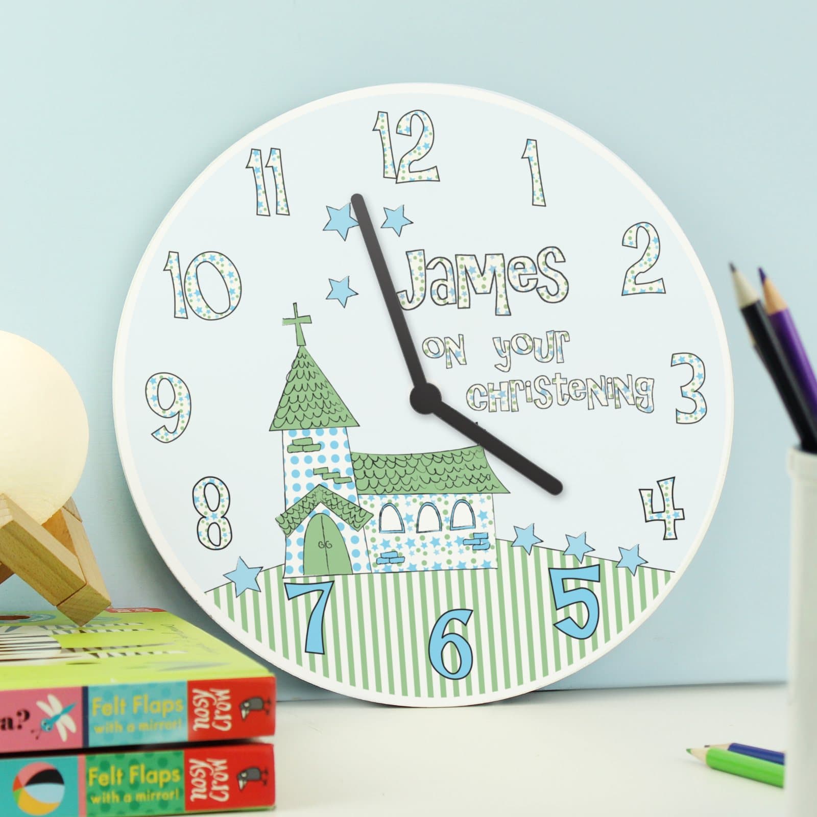 Personalised wooden church themed boys christening clock