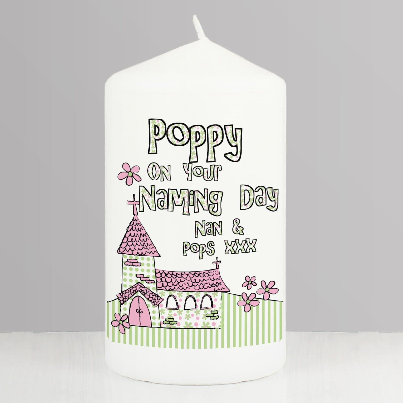 White church design pillar candle personalised with a name, occasion and date
