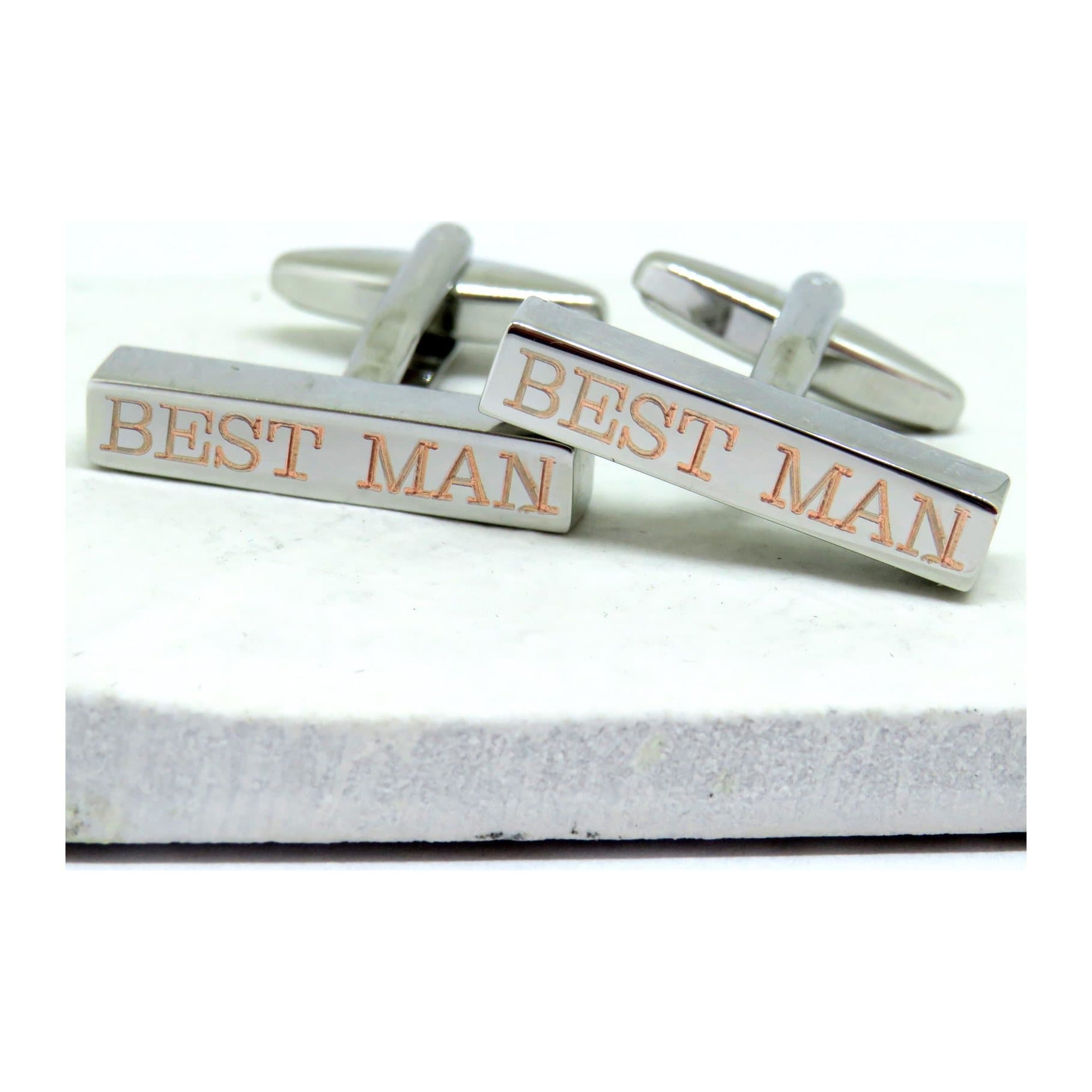 Personalised bar cufflinks, thin rectangular shape, silver coloured finish