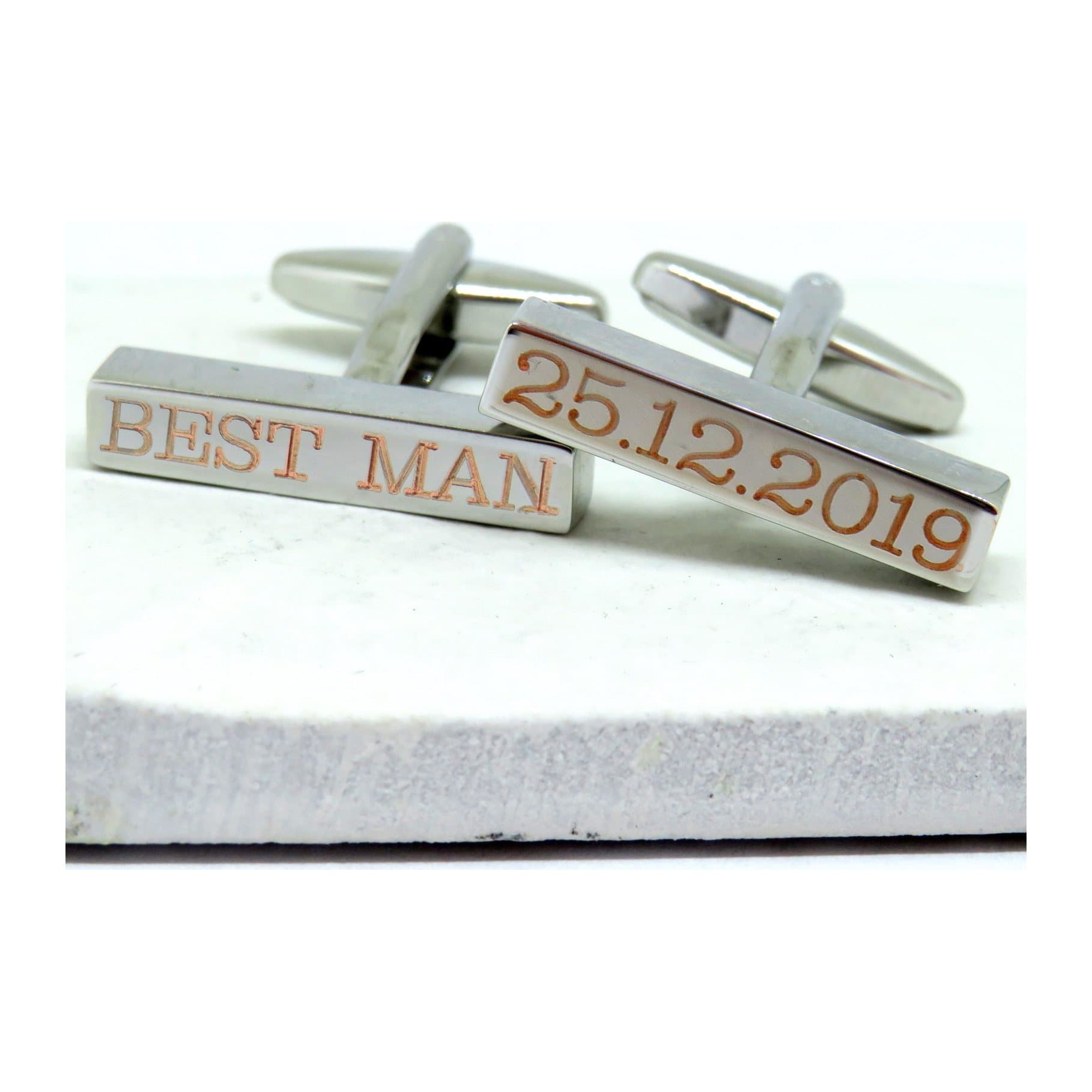 Personalised Clarendon bar cufflinks in a silver-coloured finish, made for a wedding