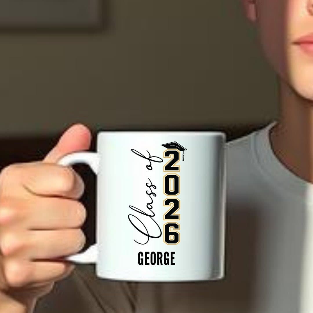 Personalised Class of 2026 ceramic mug with a graduation design
