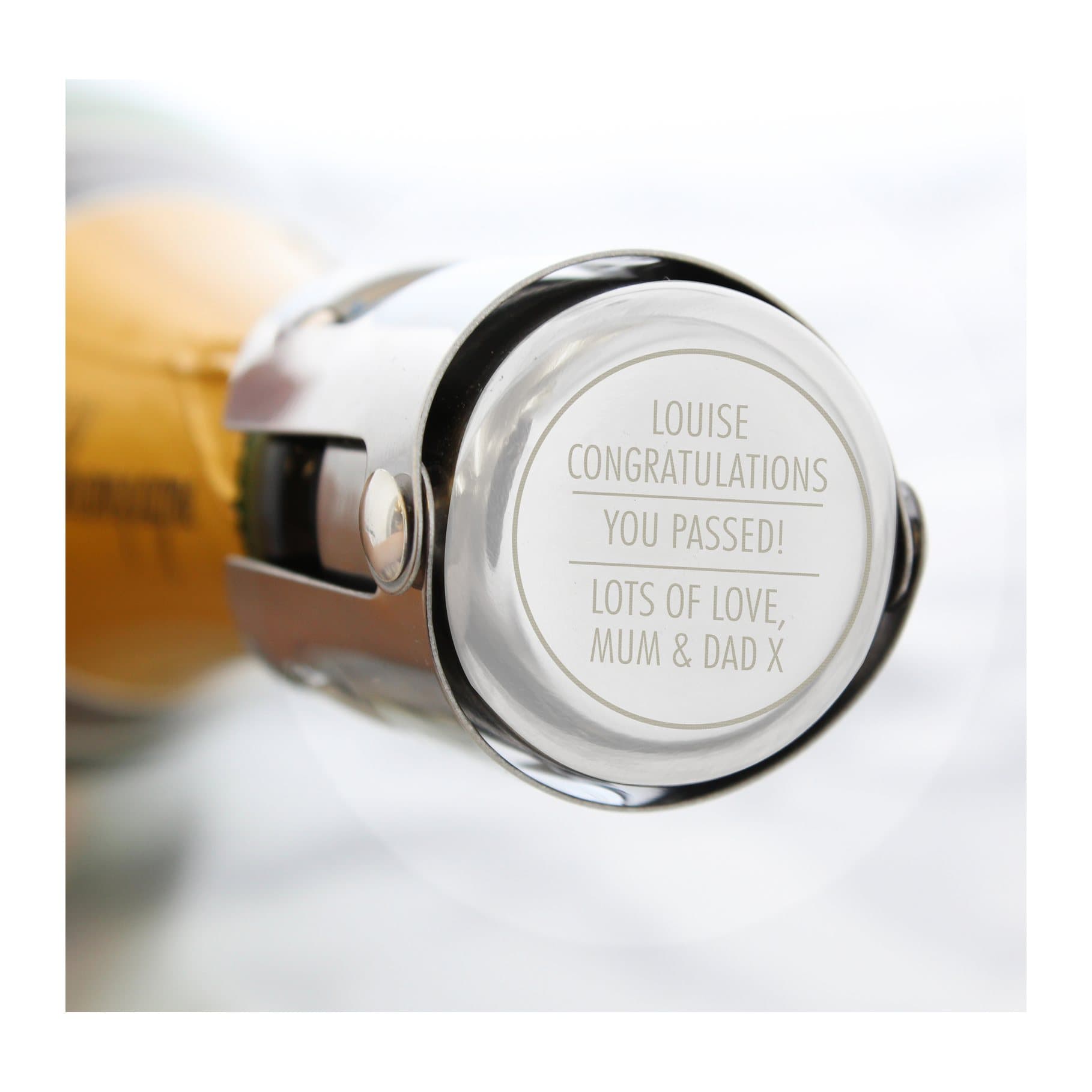 Stainless steel personalised bottle stopper with five lines of text