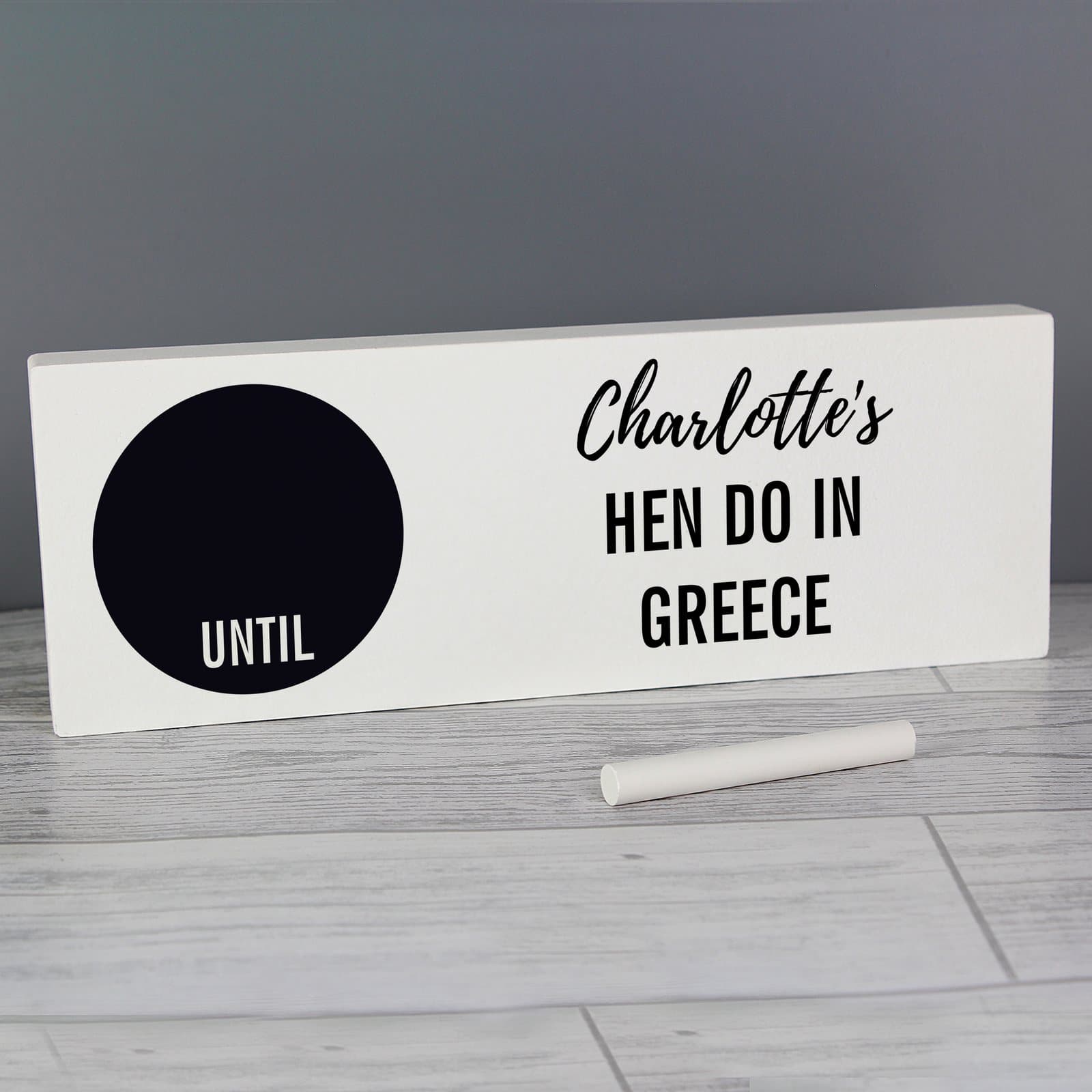 Solid wood countdown block sign with a chalkboard style area
