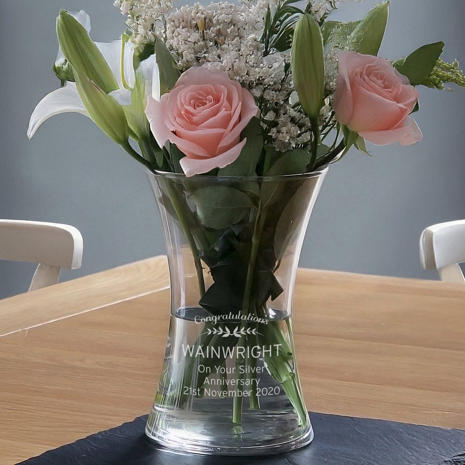 Classic glass vase personalised with five lines of text