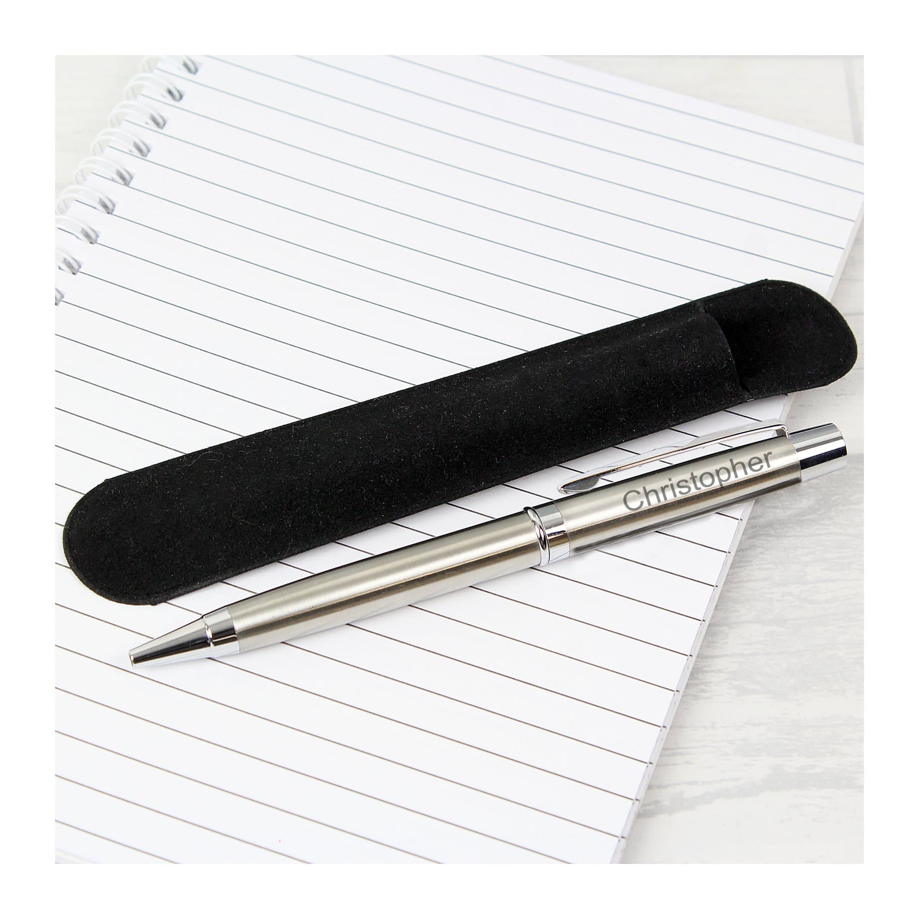 Pen with a name and a black velvet-textured pouch