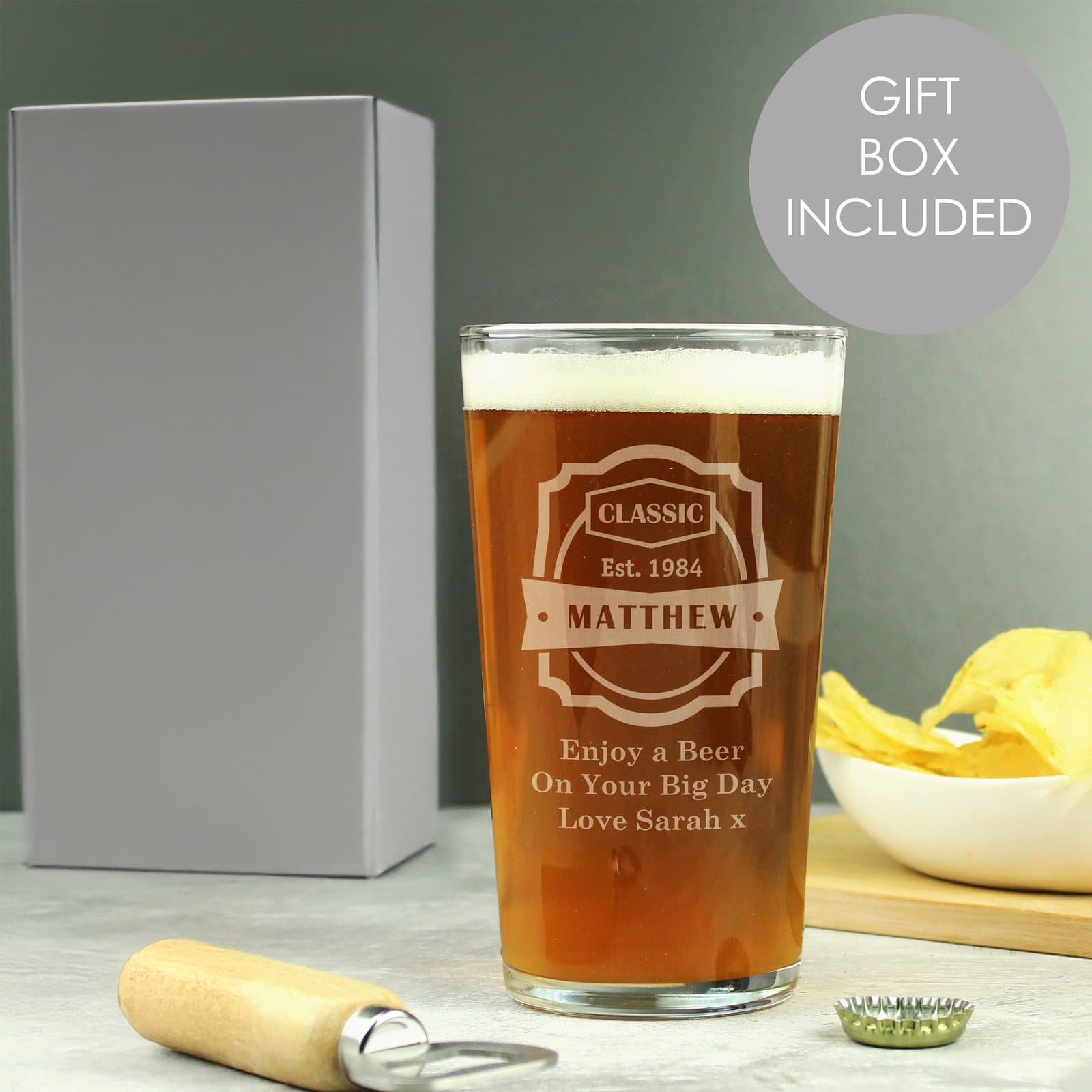 Classic pint glass personalised with a year, a name and a message