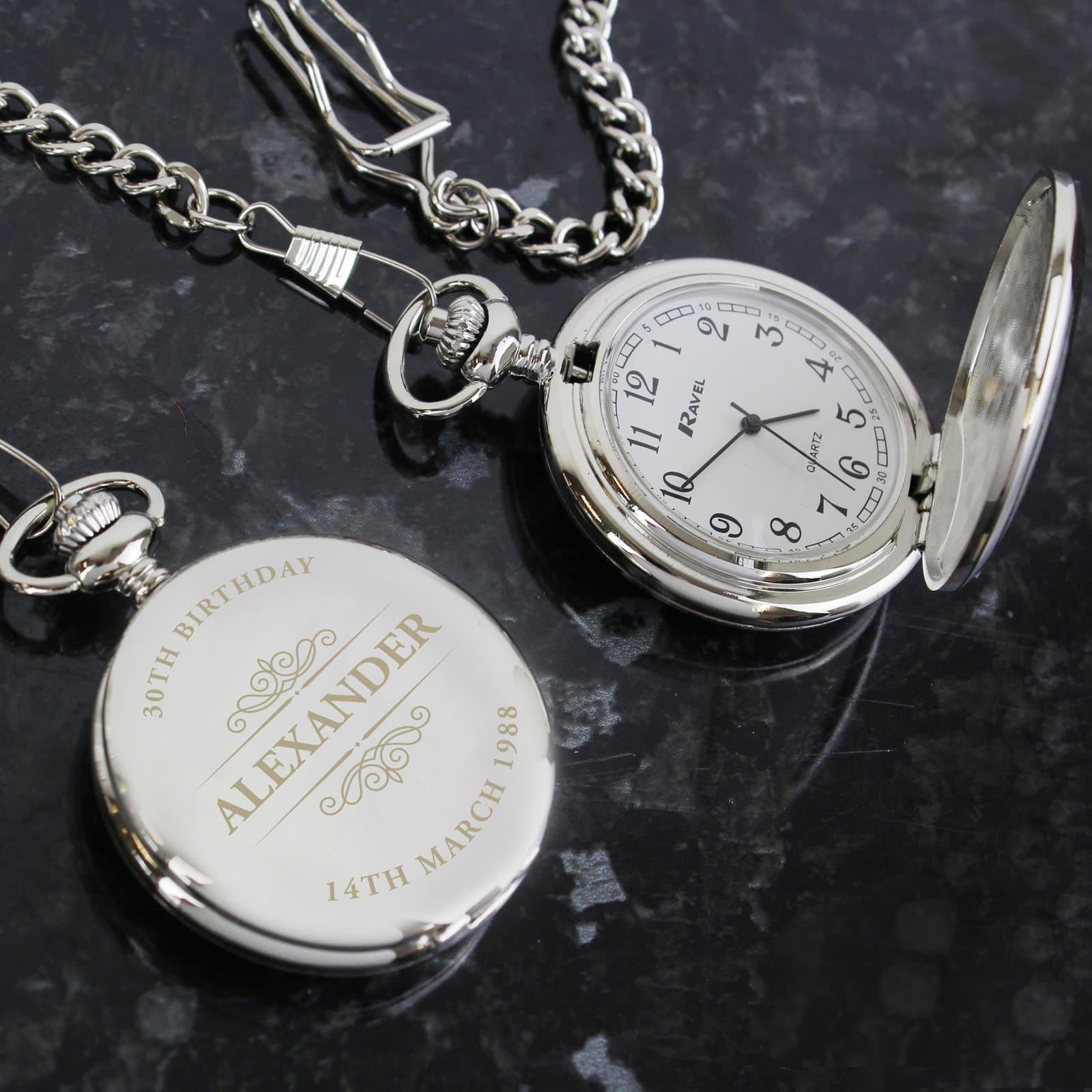 Chrome plated pocket fob watch with chain