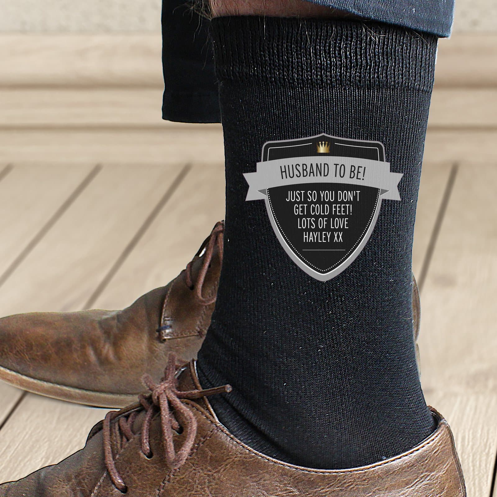 Personalised classic shield men's socks with role and message lines