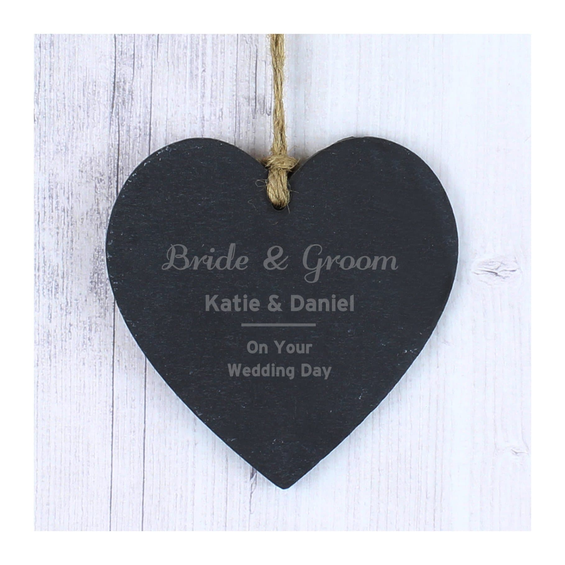 Personalised classic slate heart decoration hung on natural rustic string