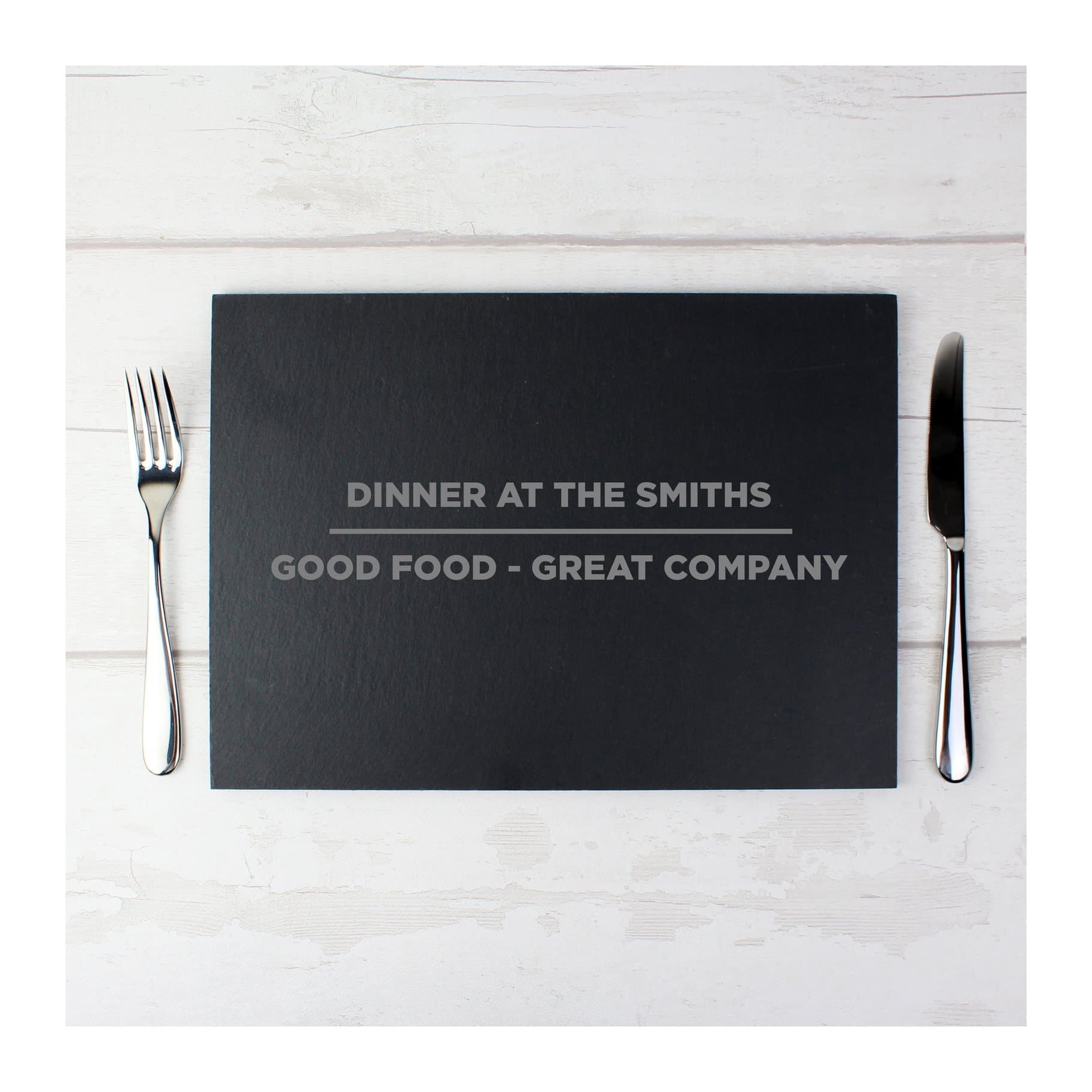 Personalised rectangular slate placemat with two lines of text