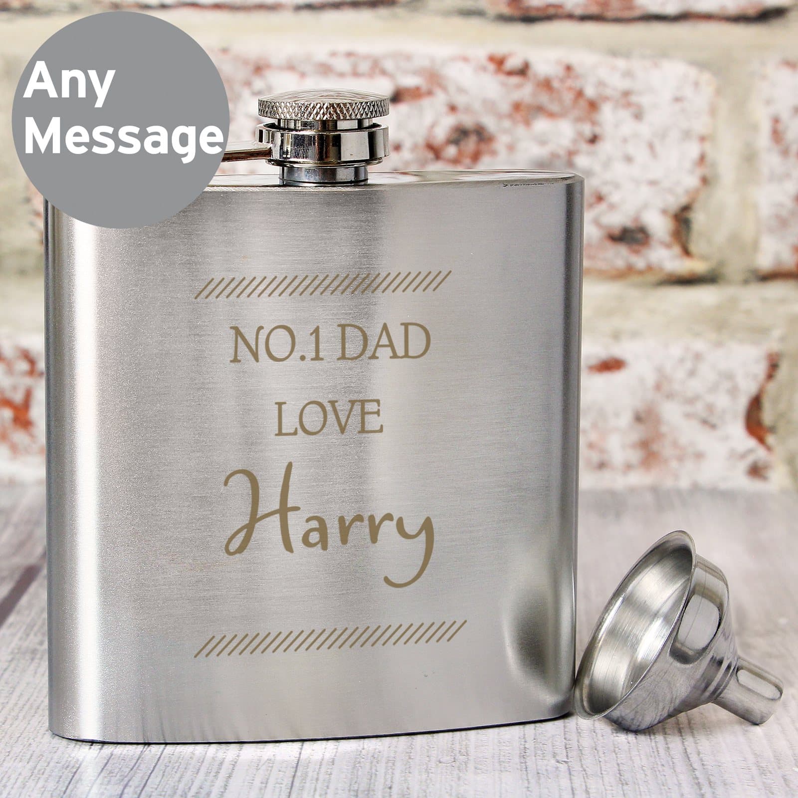 Stainless steel hip flask with three lines of personalised text