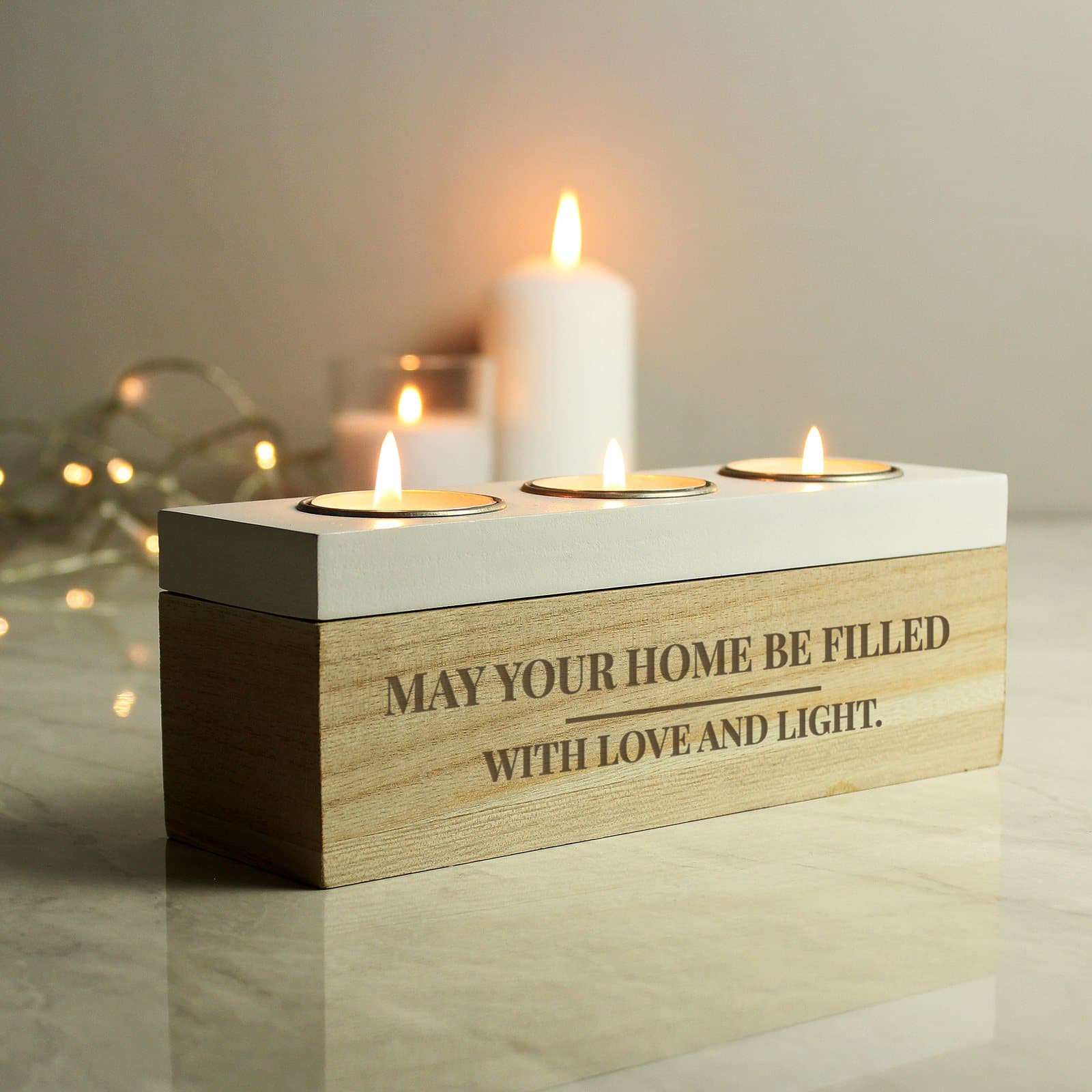 Wooden shabby chic tea light box with personalised text and three tea lights on the lid