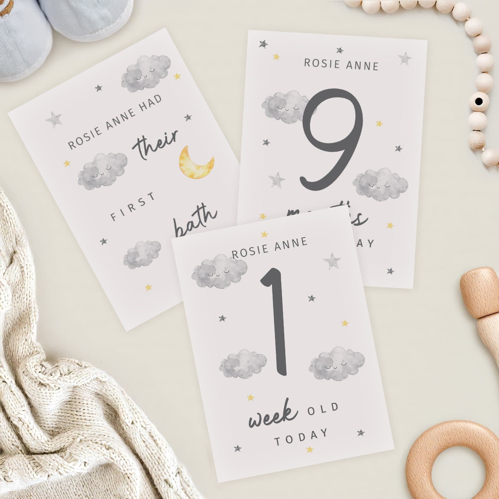 Personalised cloud baby milestone cards with a baby's name