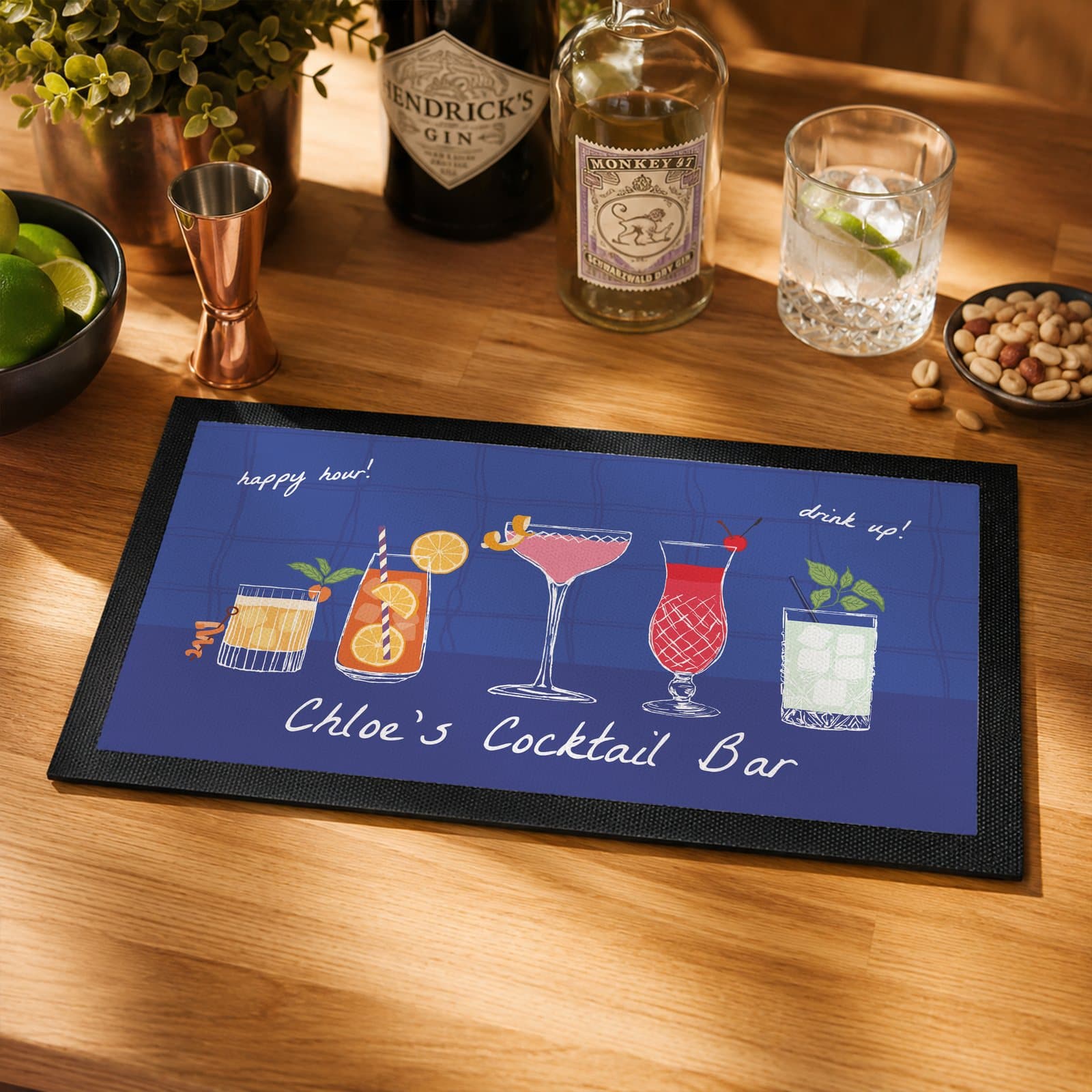 Personalised cocktail bar mat in polyester with a message