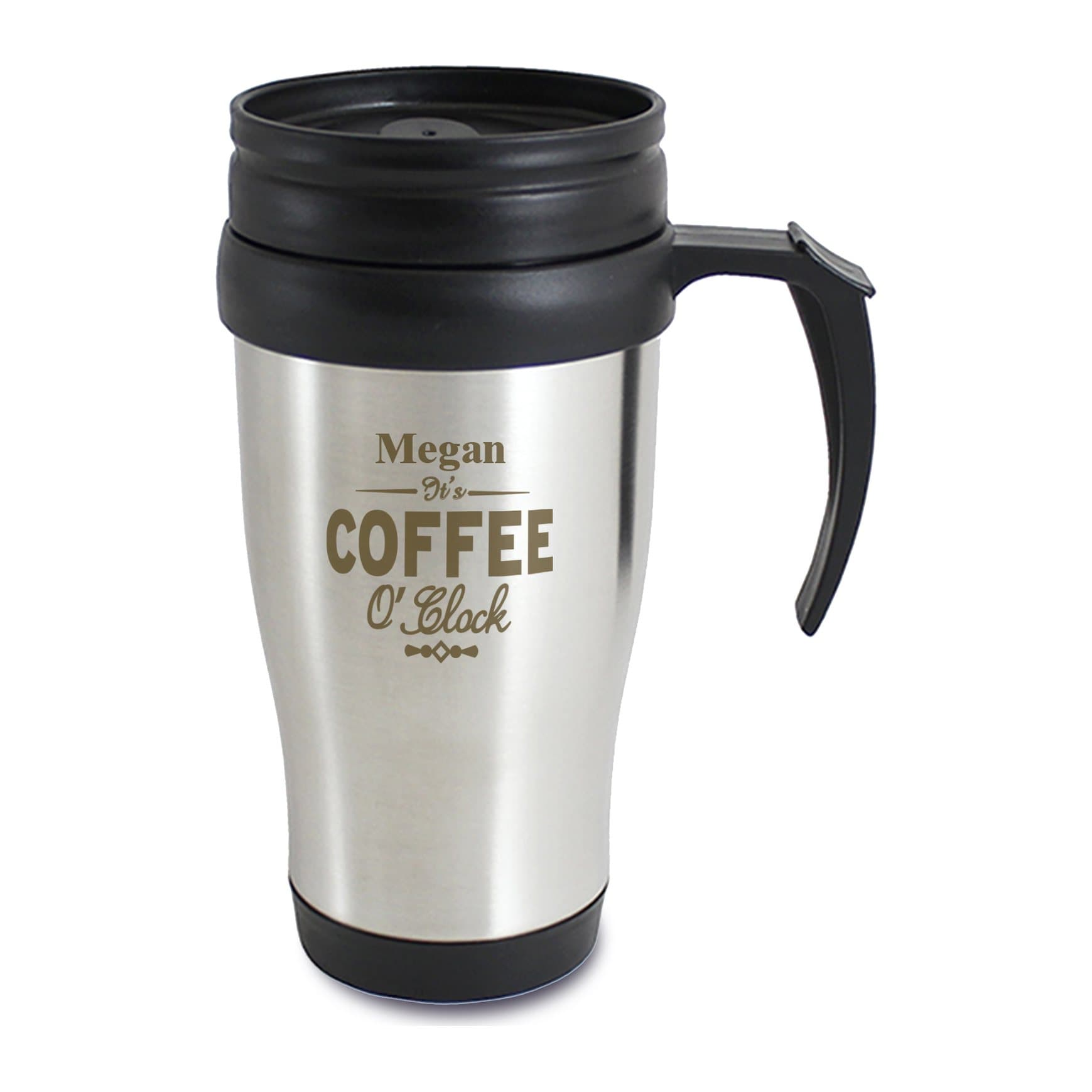 Stainless steel Coffee O'Clock travel mug with sliding sip cover