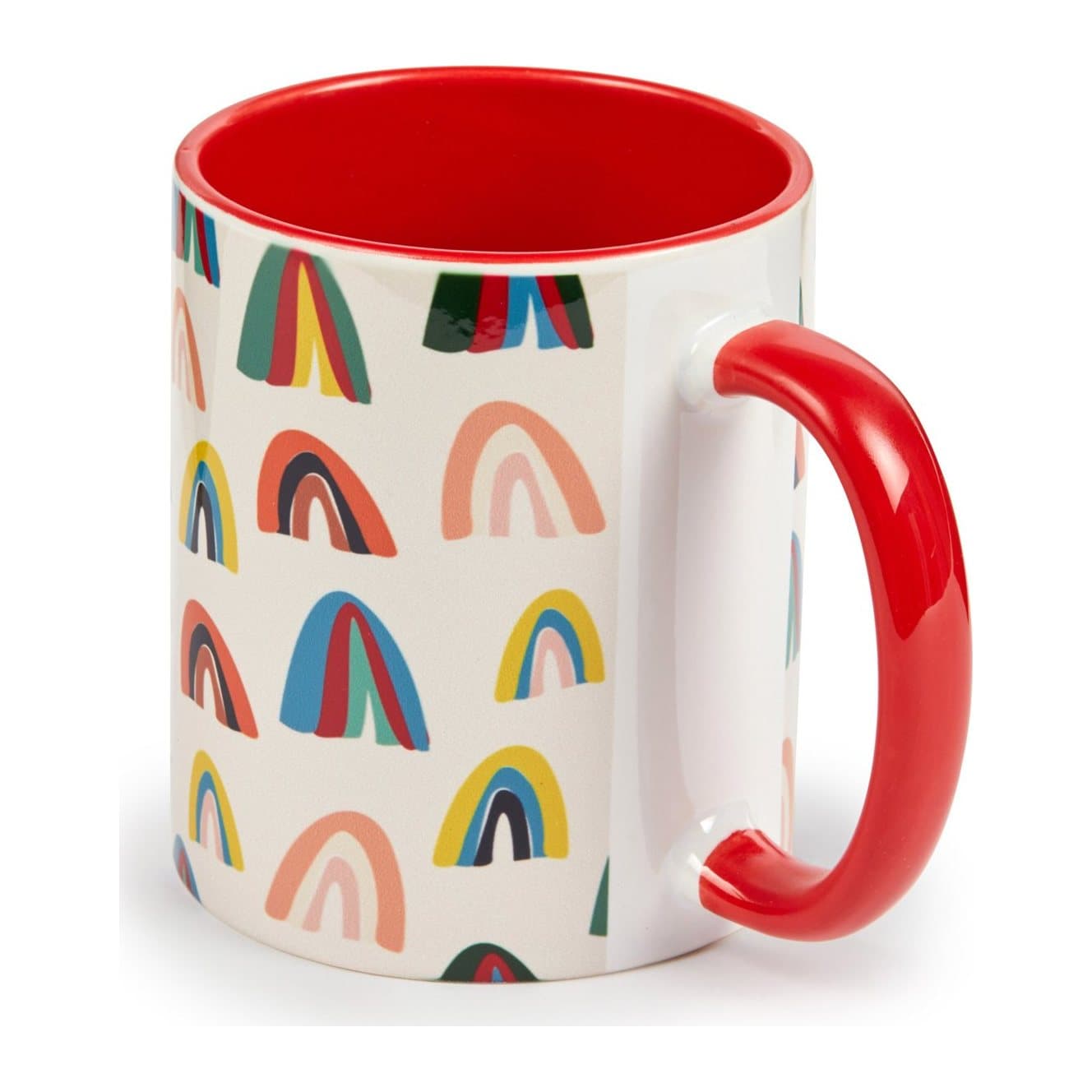 Ceramic mug with a red handle and red inside, printed all round