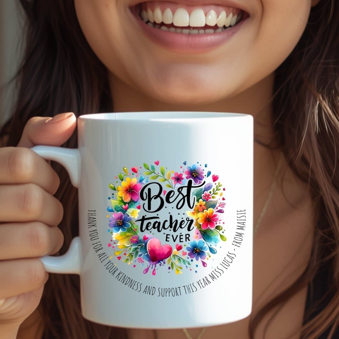 Colourful Best Teacher ceramic mug with a personalised bottom message