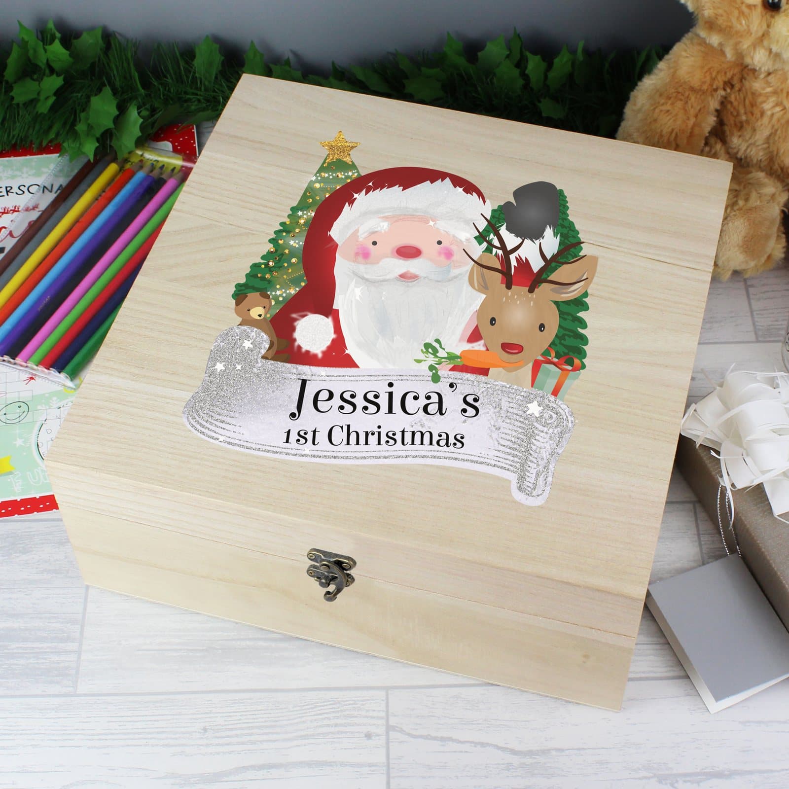 Wooden Christmas Eve box decorated with Santa and reindeer