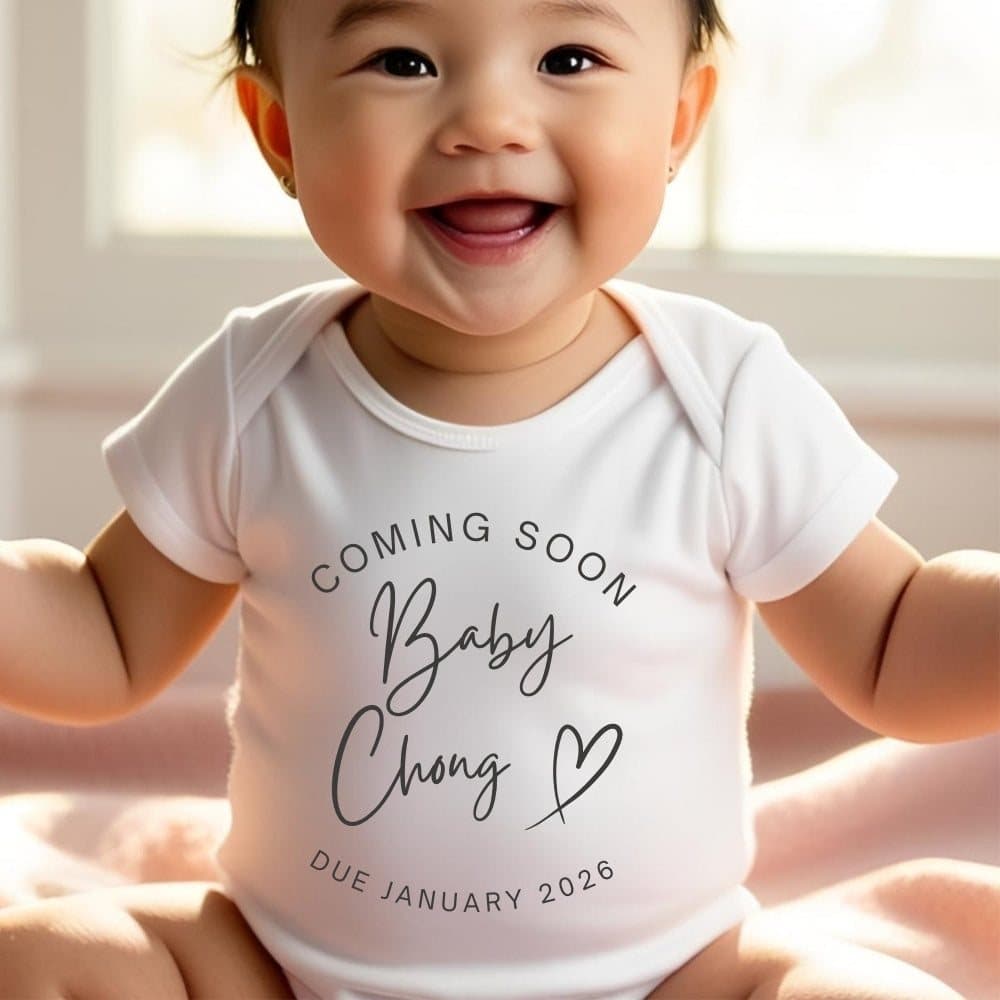 Personalised Coming Soon baby grow with the Coming Soon artwork