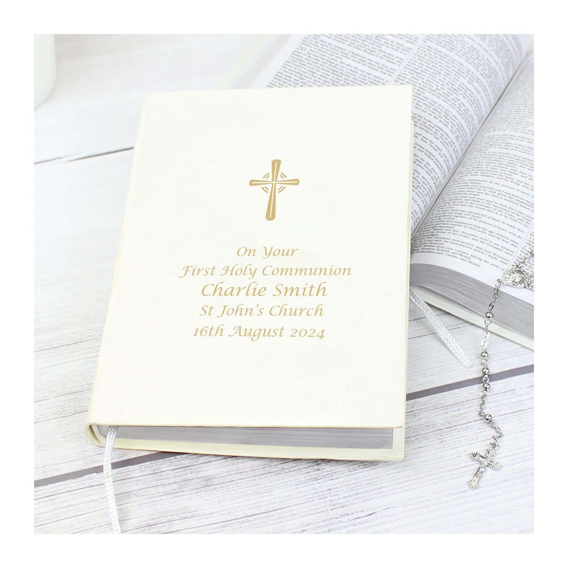 Personalised companion Holy Bible with a leatherette cover in gold or silver