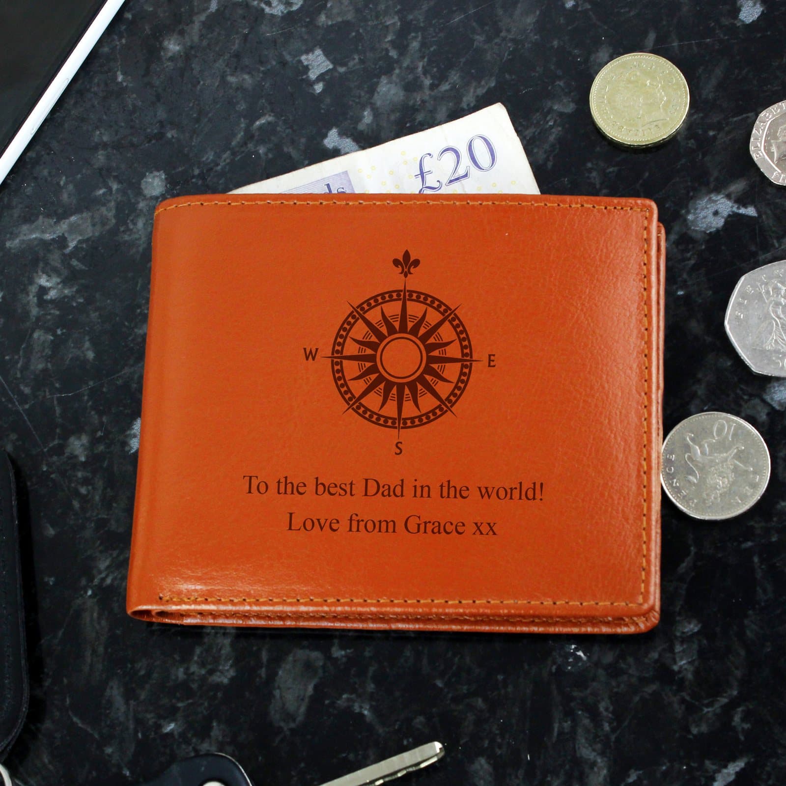 Tan leather wallet with two lines of personalised text