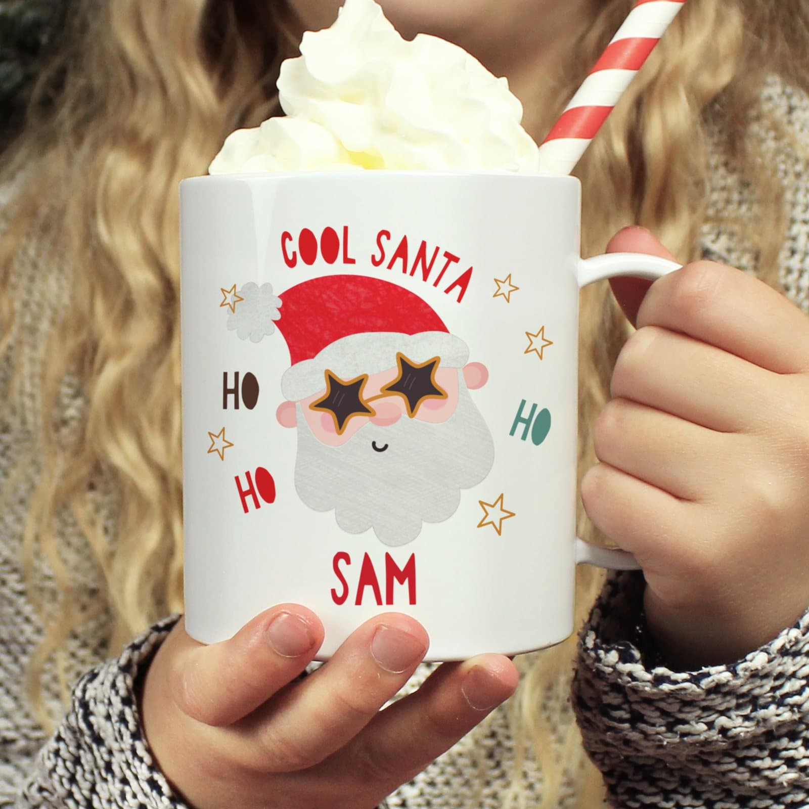 Personalised plastic mug with a Cool Santa design and a name