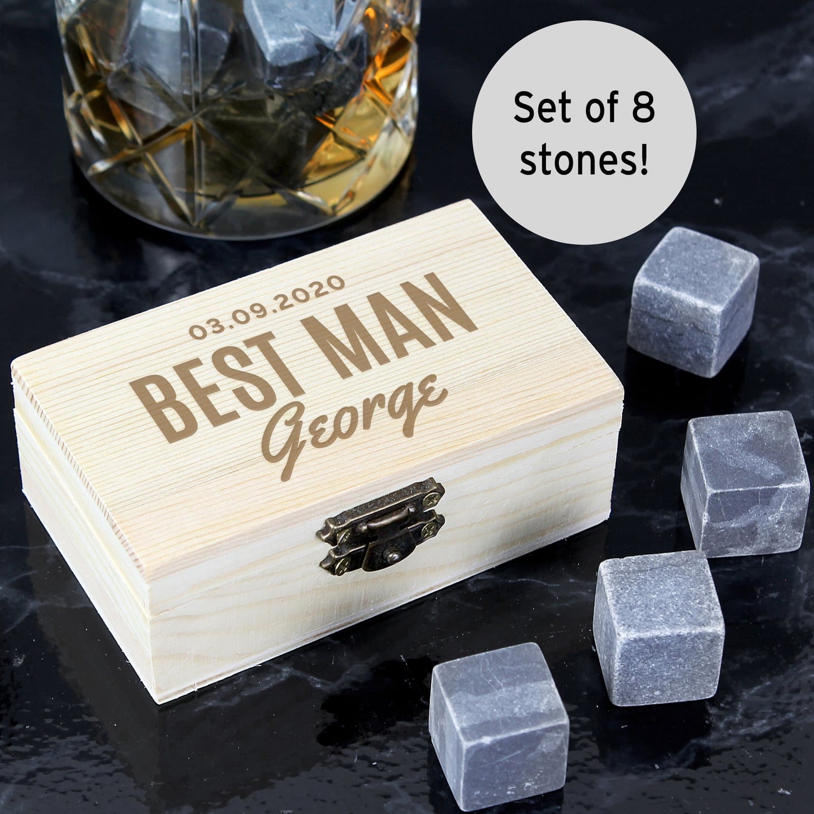 Personalised cooling stones in a wooden clasp locked box