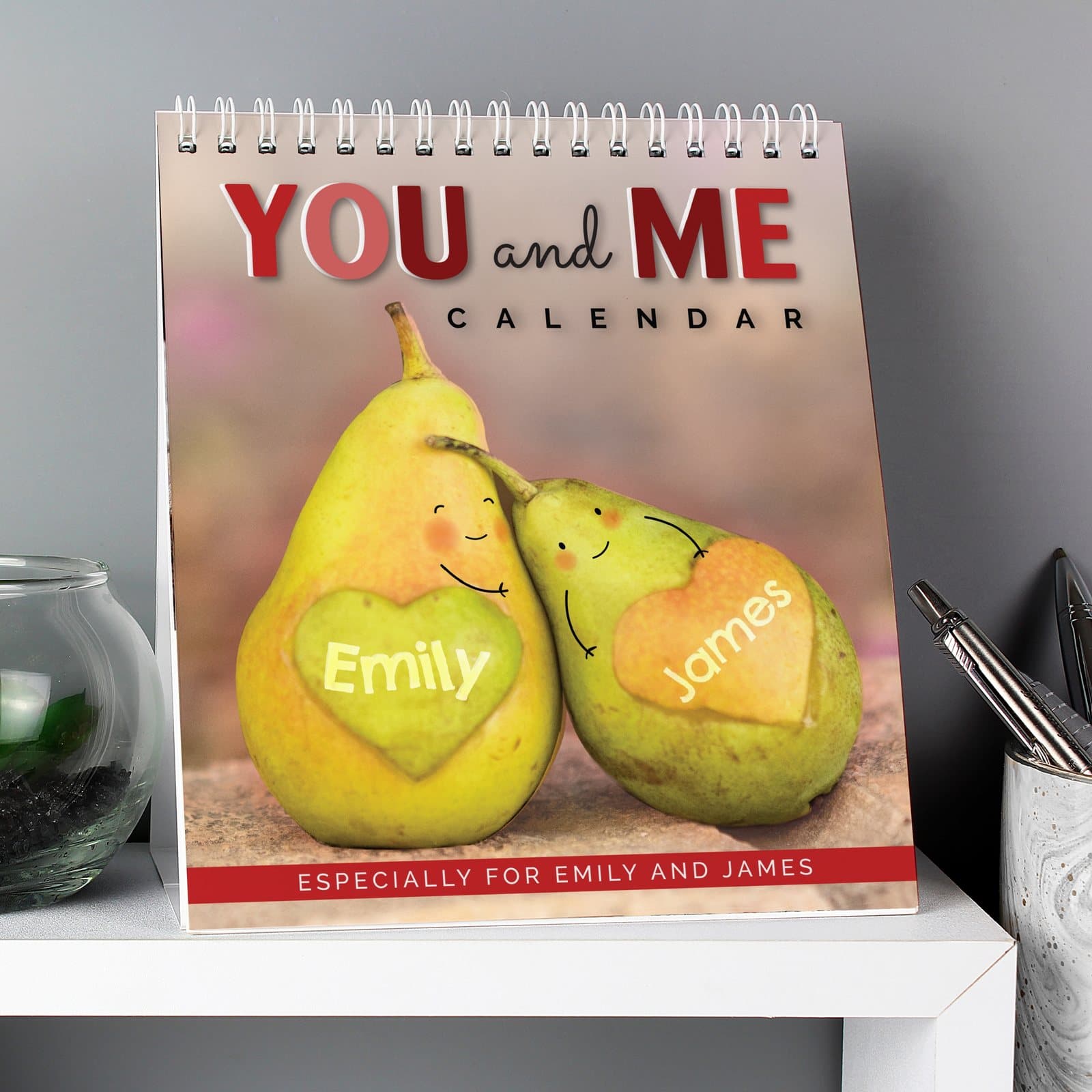 Personalised couples desk calendar showing two names