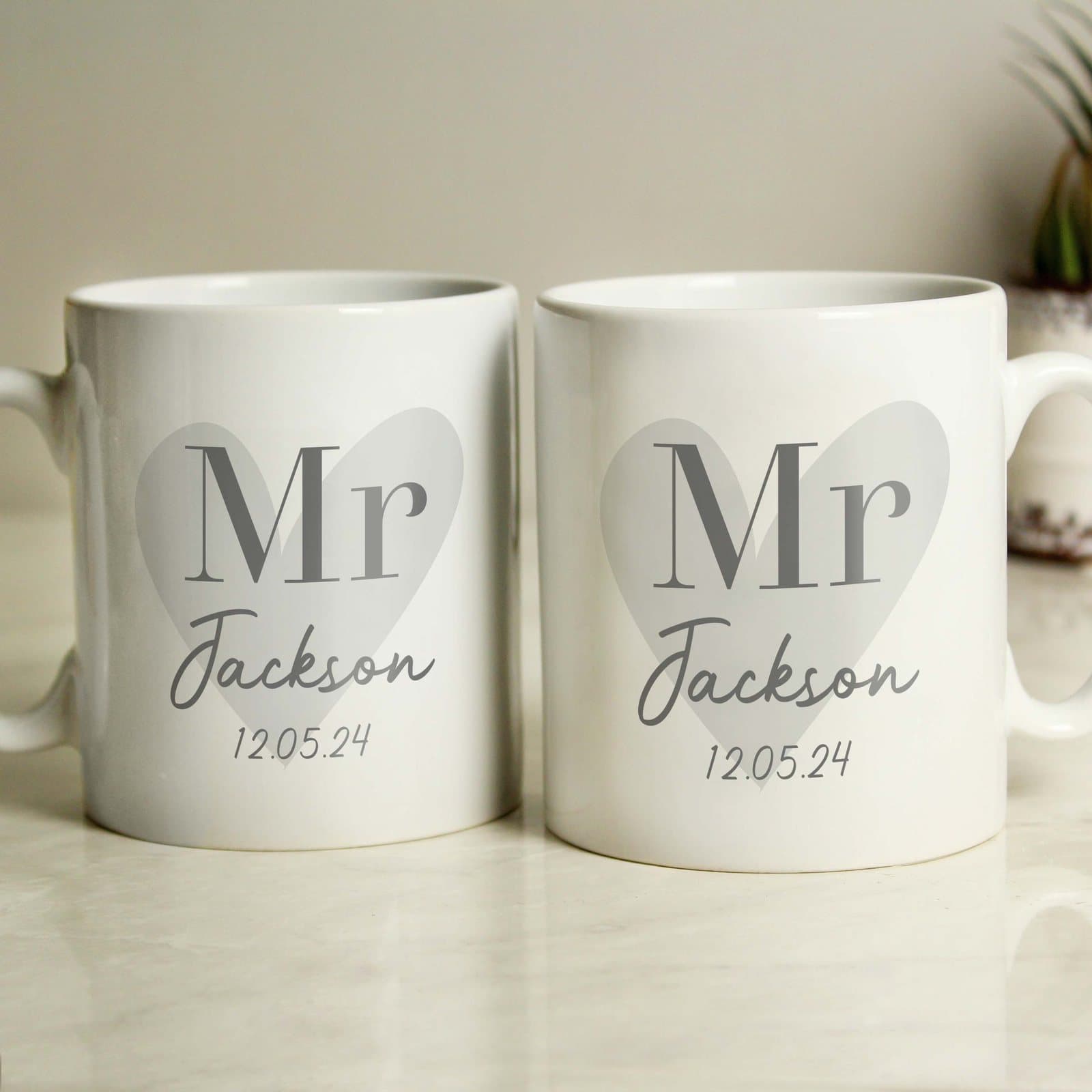 Set of two personalised ceramic couples mugs