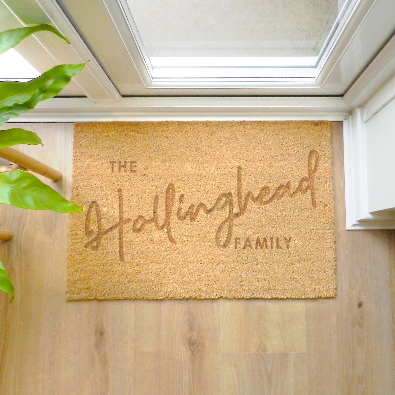 Rectangle coir indoor doormat with three personalised lines of text