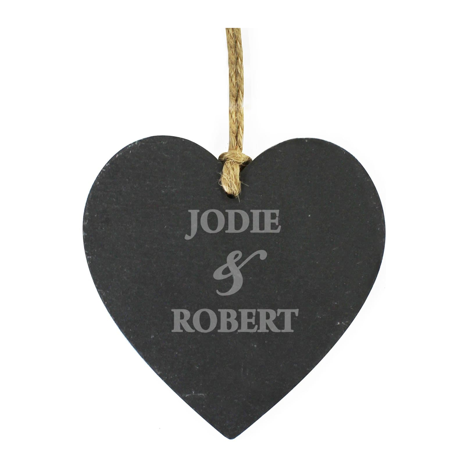 Personalised couples slate heart decoration with two names and an ampersand