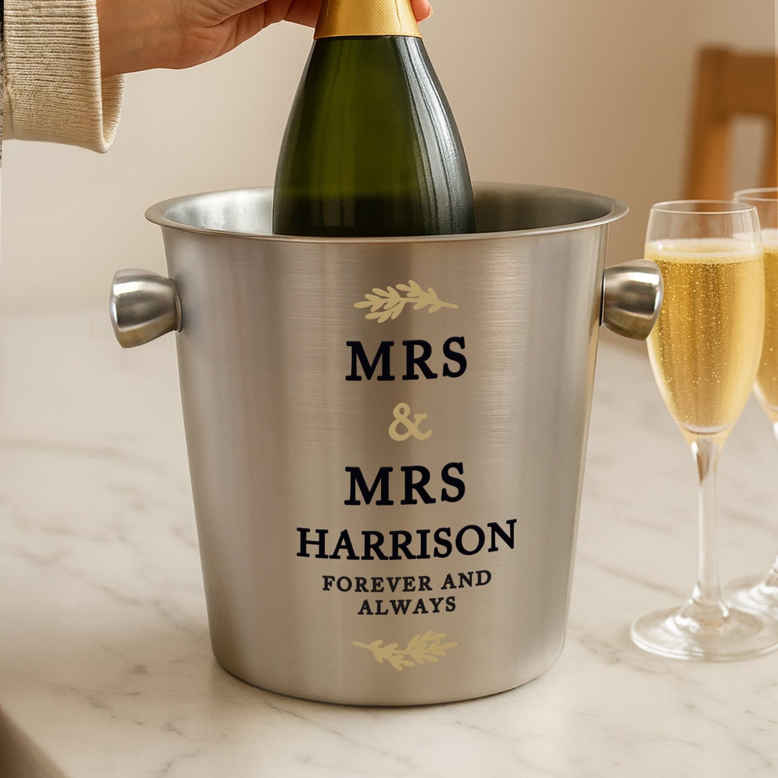 Personalised brushed stainless steel ice bucket for couples