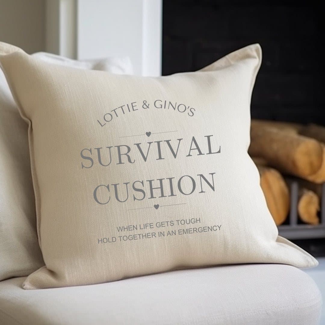 Cream linen-look square cushion with the Survival Cushion wording